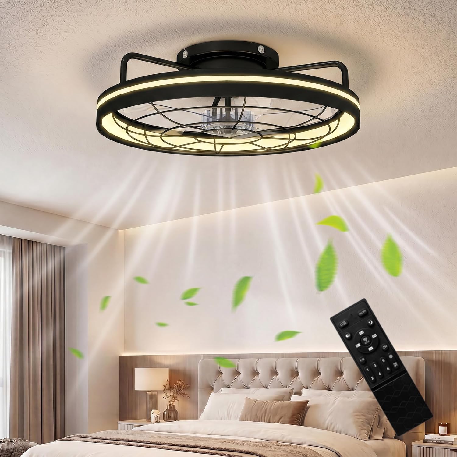 HOMCOM Deckenventilator mit Beleuchtung, Fernbedienung, Ø48 cm, 40 W LED Deckenleuchte mit Ventilator, 3 Lichtfarben, Timer, 6 Geschwindigkeiten, dimmbar, leiser DC Motor, Lampenschirm Schwarz