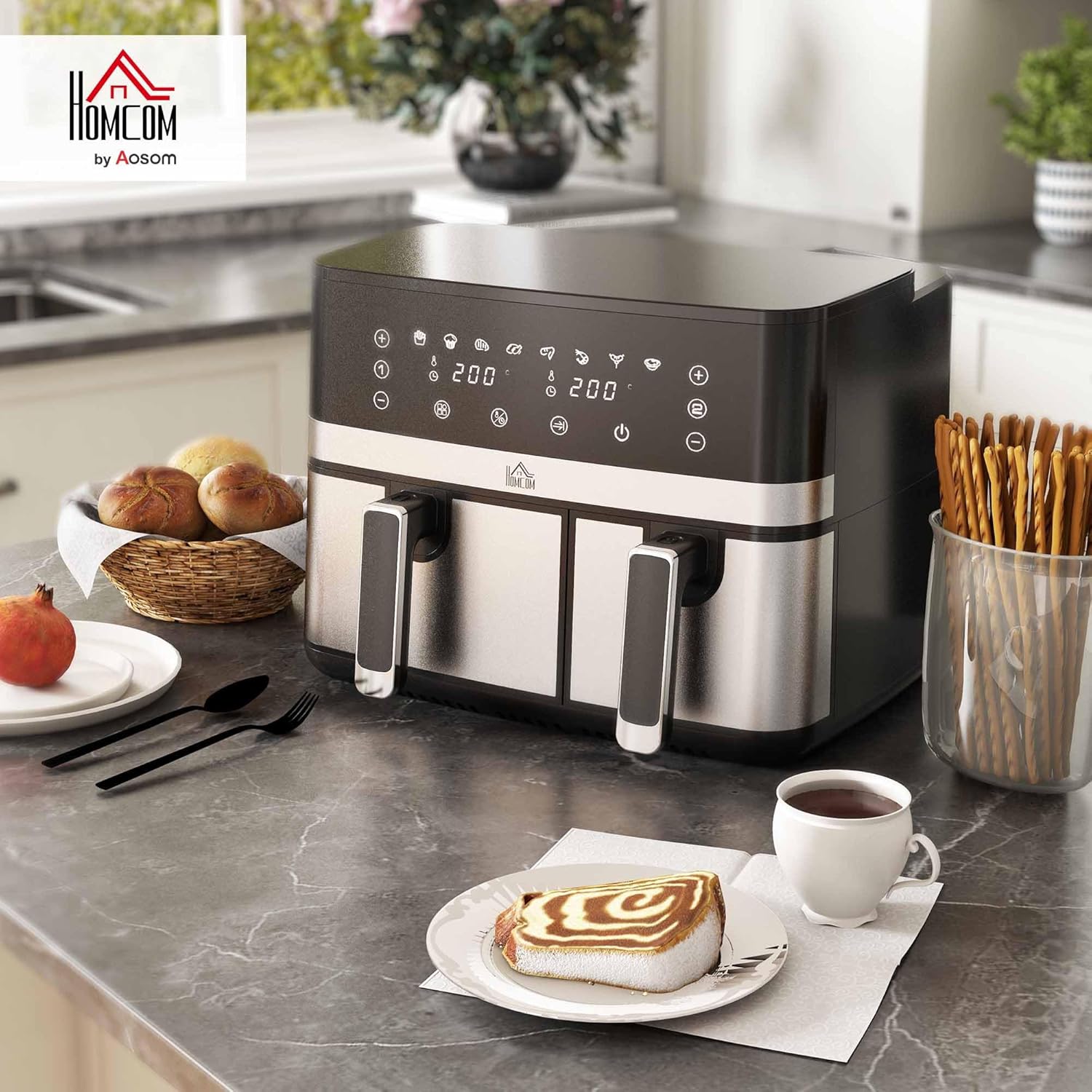 HOMCOM Dual Zone Heißluftfritteuse 8,5 L Airfryer 2700W mit 2 Fächer, 8 Programme, Antihaftbeschichtung, spülmaschinenfeste Körbe Heissluftfritteuse Fritteuse ohne Öl, energiesparend, Schwarz — Ansicht 2