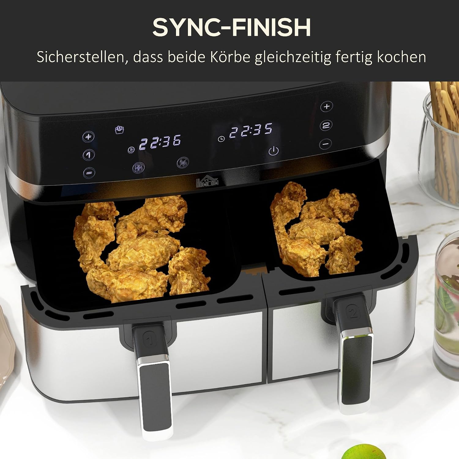 HOMCOM Dual Zone Heißluftfritteuse 8,5 L Airfryer 2700W mit 2 Fächer, 8 Programme, Antihaftbeschichtung, spülmaschinenfeste Körbe Heissluftfritteuse Fritteuse ohne Öl, energiesparend, Schwarz — Ansicht 3