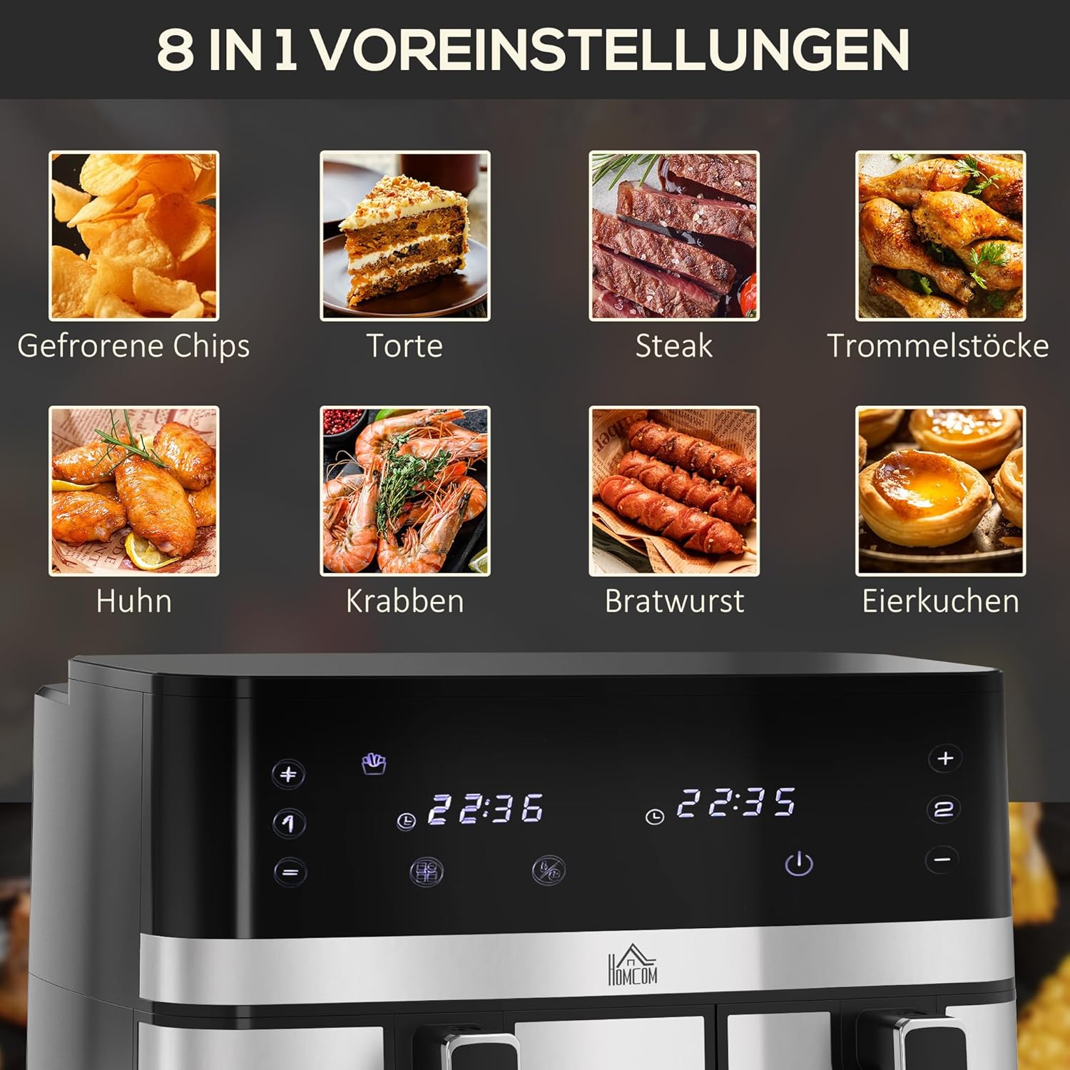 HOMCOM Dual Zone Heißluftfritteuse 8,5 L Airfryer 2700W mit 2 Fächer, 8 Programme, Antihaftbeschichtung, spülmaschinenfeste Körbe Heissluftfritteuse Fritteuse ohne Öl, energiesparend, Schwarz — Ansicht 4