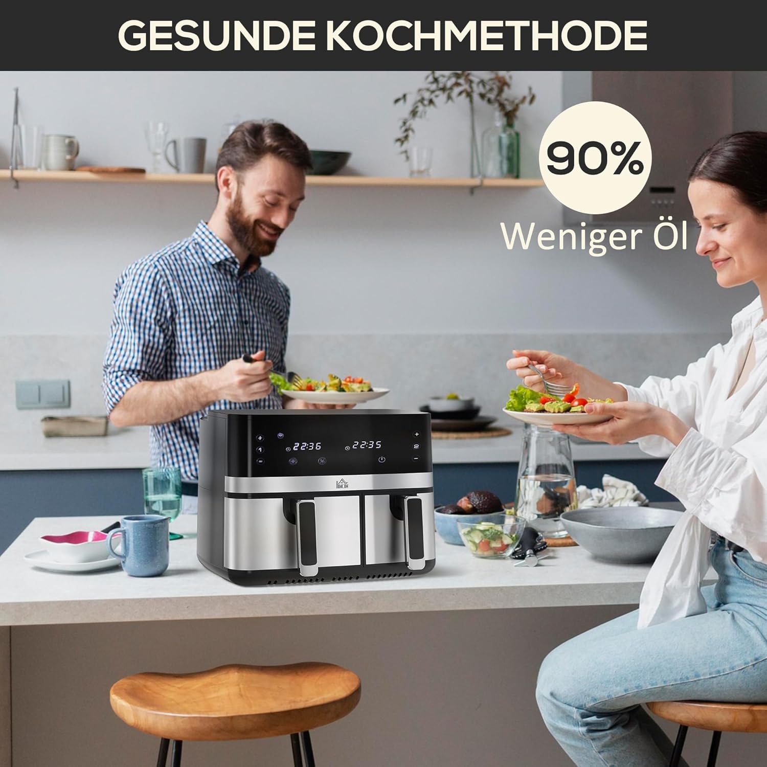 HOMCOM Dual Zone Heißluftfritteuse 8,5 L Airfryer 2700W mit 2 Fächer, 8 Programme, Antihaftbeschichtung, spülmaschinenfeste Körbe Heissluftfritteuse Fritteuse ohne Öl, energiesparend, Schwarz — Ansicht 5