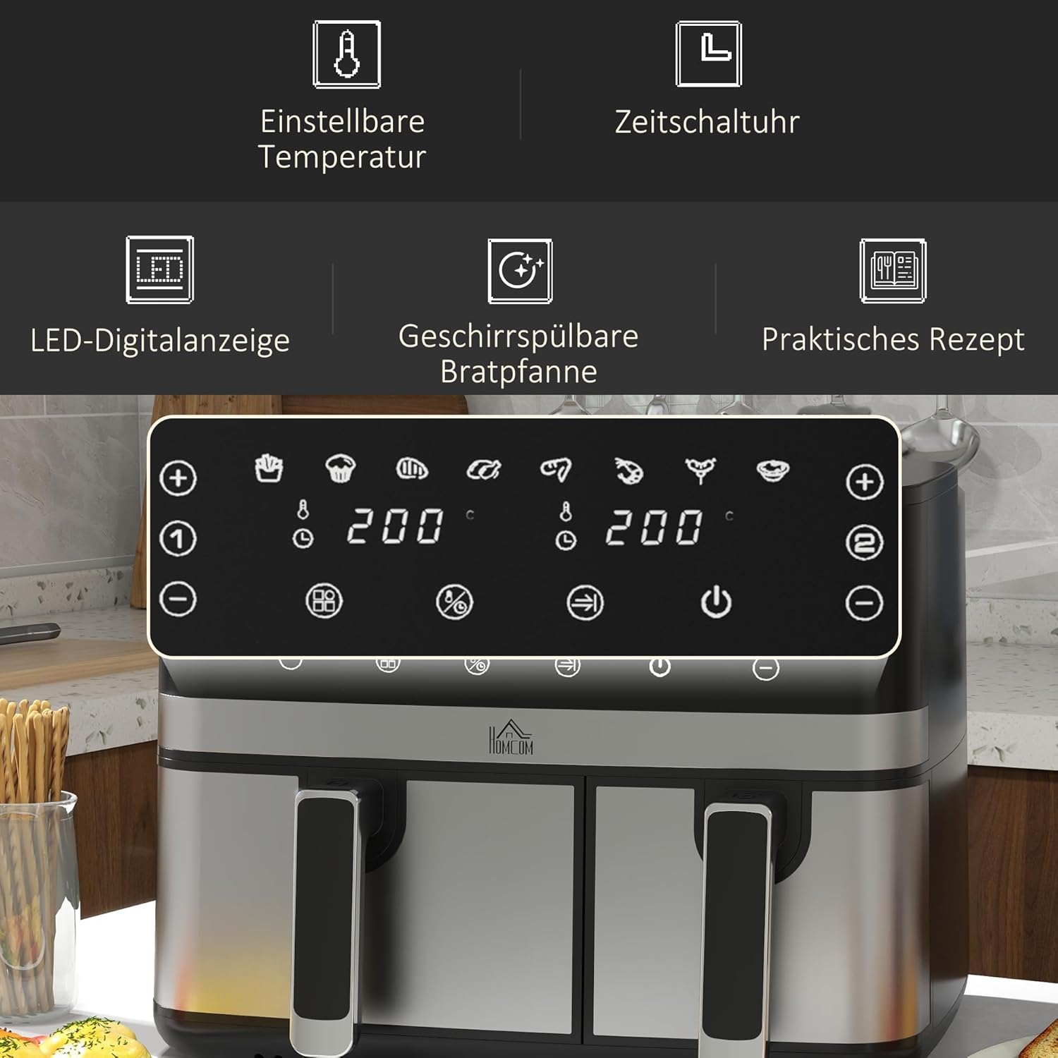 HOMCOM Dual Zone Heißluftfritteuse 8,5 L Airfryer 2700W mit 2 Fächer, 8 Programme, Antihaftbeschichtung, spülmaschinenfeste Körbe Heissluftfritteuse Fritteuse ohne Öl, energiesparend, Schwarz — Ansicht 6