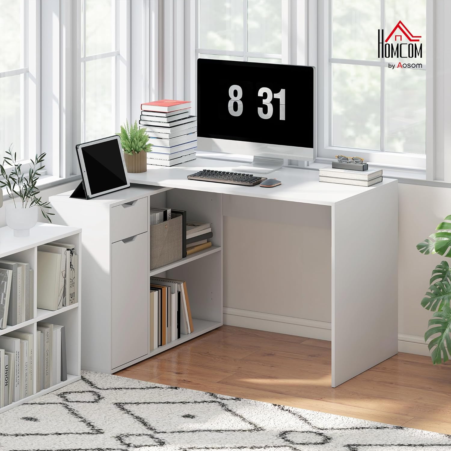 HOMCOM Eckschreibtisch, Computertisch, L-Form Winkelschreibtisch mit Schublade, 1 Tür, Offenen Ablagen, Schreibtisch für Dokumente im A4-Format, Weiß, 120 x 96 x 75 cm, Hergestellt in der EU — Ansicht 2