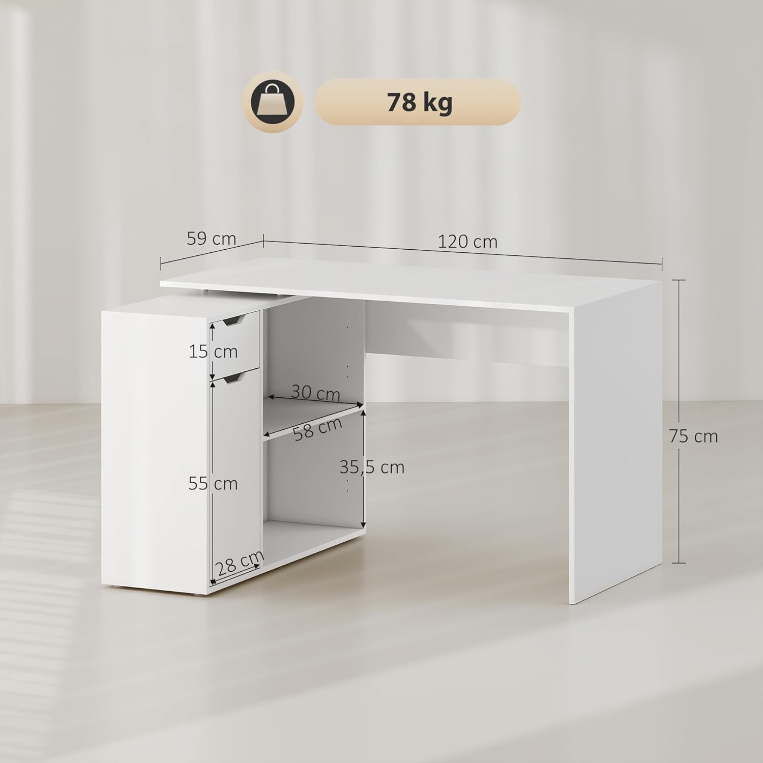 HOMCOM Eckschreibtisch, Computertisch, L-Form Winkelschreibtisch mit Schublade, 1 Tür, Offenen Ablagen, Schreibtisch für Dokumente im A4-Format, Weiß, 120 x 96 x 75 cm, Hergestellt in der EU — Ansicht 3