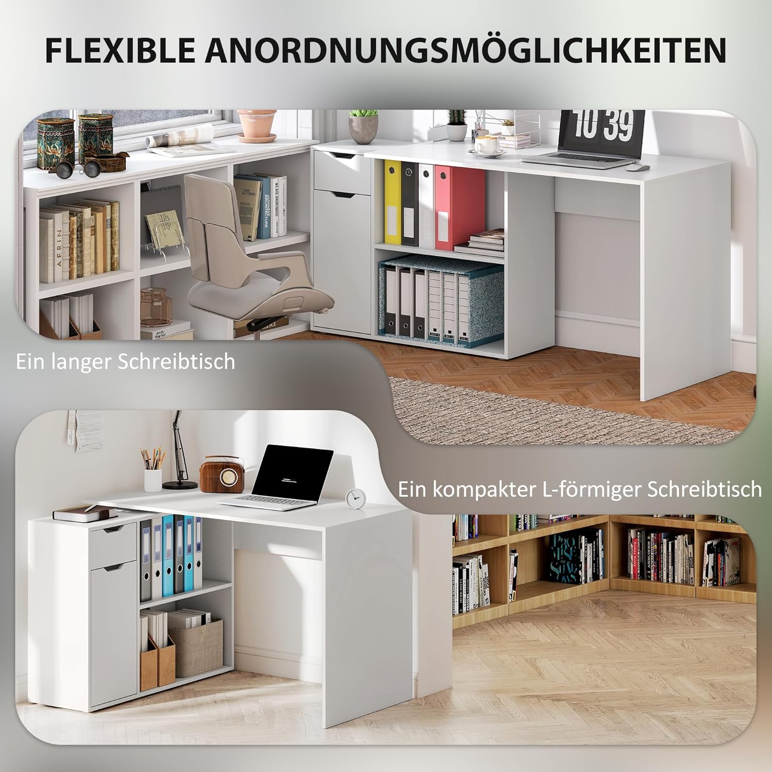 HOMCOM Eckschreibtisch, Computertisch, L-Form Winkelschreibtisch mit Schublade, 1 Tür, Offenen Ablagen, Schreibtisch für Dokumente im A4-Format, Weiß, 120 x 96 x 75 cm, Hergestellt in der EU — Ansicht 4