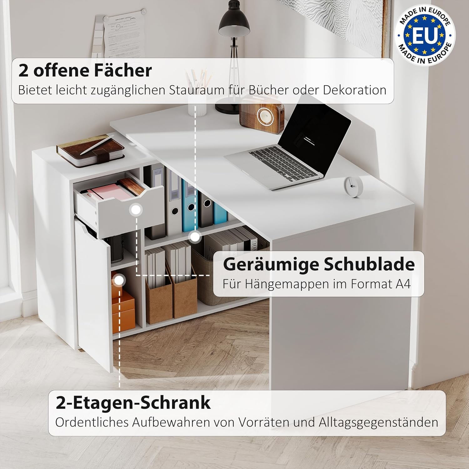 HOMCOM Eckschreibtisch, Computertisch, L-Form Winkelschreibtisch mit Schublade, 1 Tür, Offenen Ablagen, Schreibtisch für Dokumente im A4-Format, Weiß, 120 x 96 x 75 cm, Hergestellt in der EU — Ansicht 5