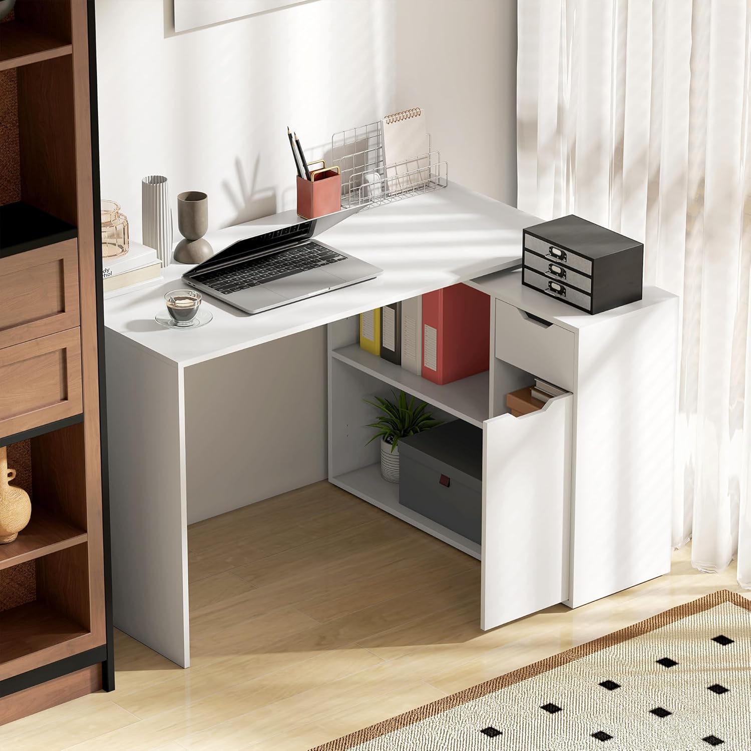 HOMCOM Eckschreibtisch, Computertisch, L-Form Winkelschreibtisch mit Schublade, 1 Tür, Offenen Ablagen, Schreibtisch für Dokumente im A4-Format, Weiß, 120 x 96 x 75 cm, Hergestellt in der EU — Ansicht 6
