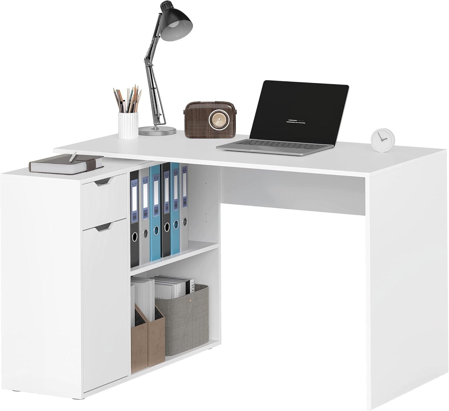 HOMCOM Eckschreibtisch, Computertisch, L-Form Winkelschreibtisch mit Schublade, 1 Tür, Offenen Ablagen, Schreibtisch für Dokumente im A4-Format, Weiß, 120 x 96 x 75 cm, Hergestellt in der EU