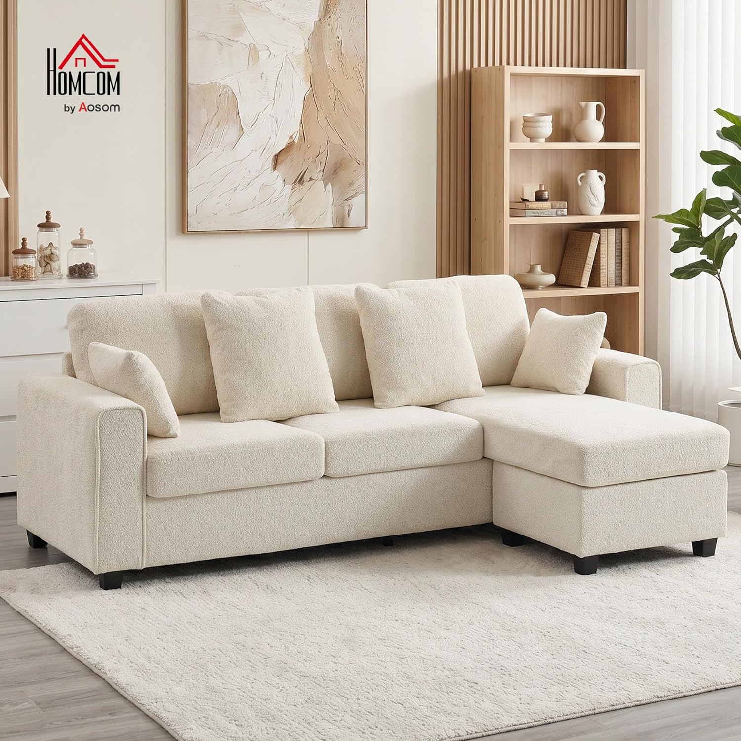 HOMCOM Ecksofa 235,5 cm L-Form Sofa 3-Sitzer mit umkehrbarer Chaiselongue, Samtstoff mit Punktstruktur, breite und Tiefe Sitzfläche, Couch für Wohnzimmer, Beige — Ansicht 2