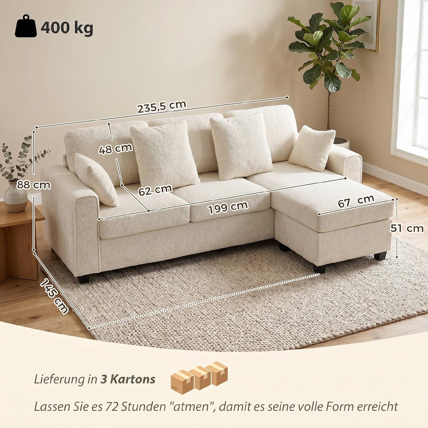 HOMCOM Ecksofa 235,5 cm L-Form Sofa 3-Sitzer mit umkehrbarer Chaiselongue, Samtstoff mit Punktstruktur, breite und Tiefe Sitzfläche, Couch für Wohnzimmer, Beige — Ansicht 3