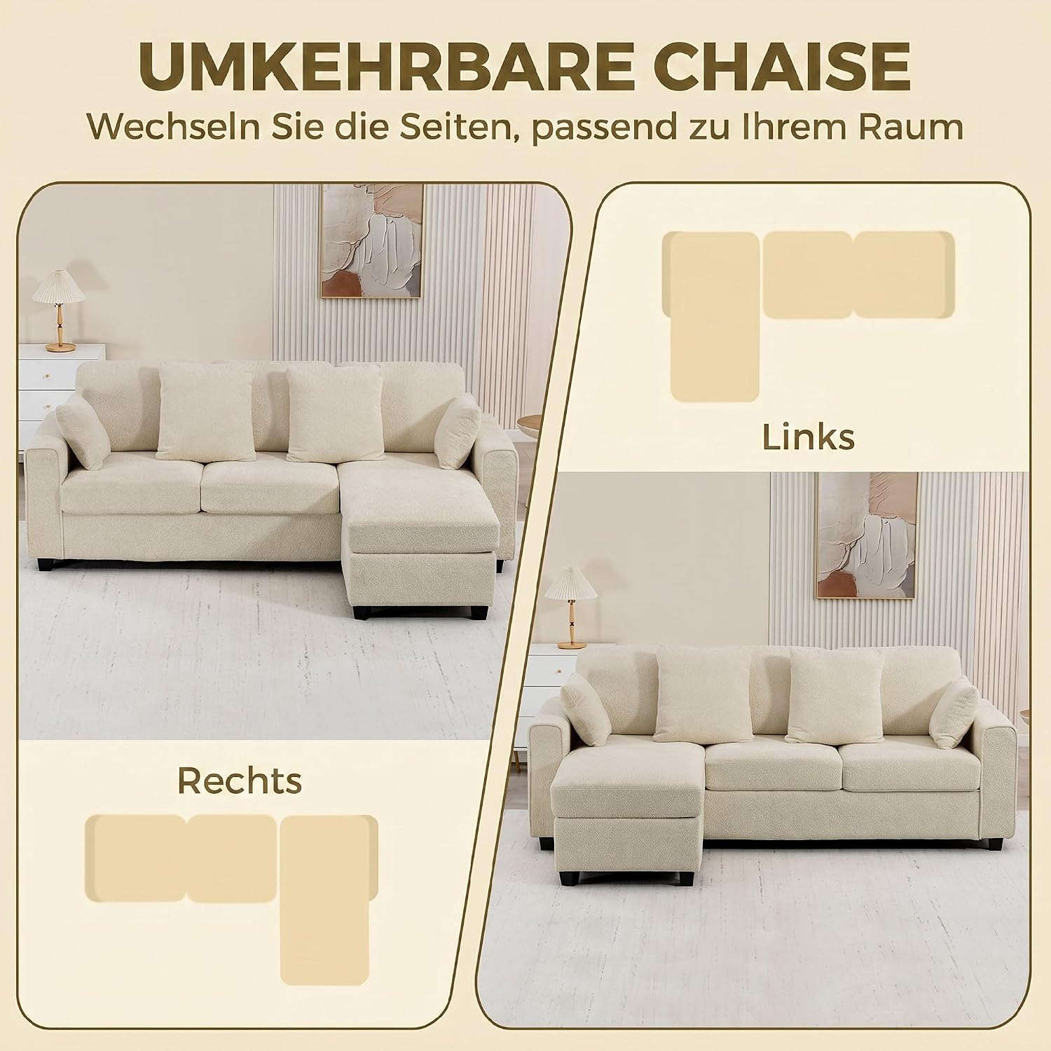 HOMCOM Ecksofa 235,5 cm L-Form Sofa 3-Sitzer mit umkehrbarer Chaiselongue, Samtstoff mit Punktstruktur, breite und Tiefe Sitzfläche, Couch für Wohnzimmer, Beige — Ansicht 4