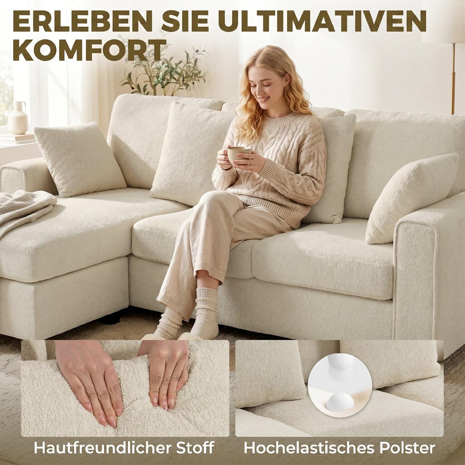 HOMCOM Ecksofa 235,5 cm L-Form Sofa 3-Sitzer mit umkehrbarer Chaiselongue, Samtstoff mit Punktstruktur, breite und Tiefe Sitzfläche, Couch für Wohnzimmer, Beige — Ansicht 5
