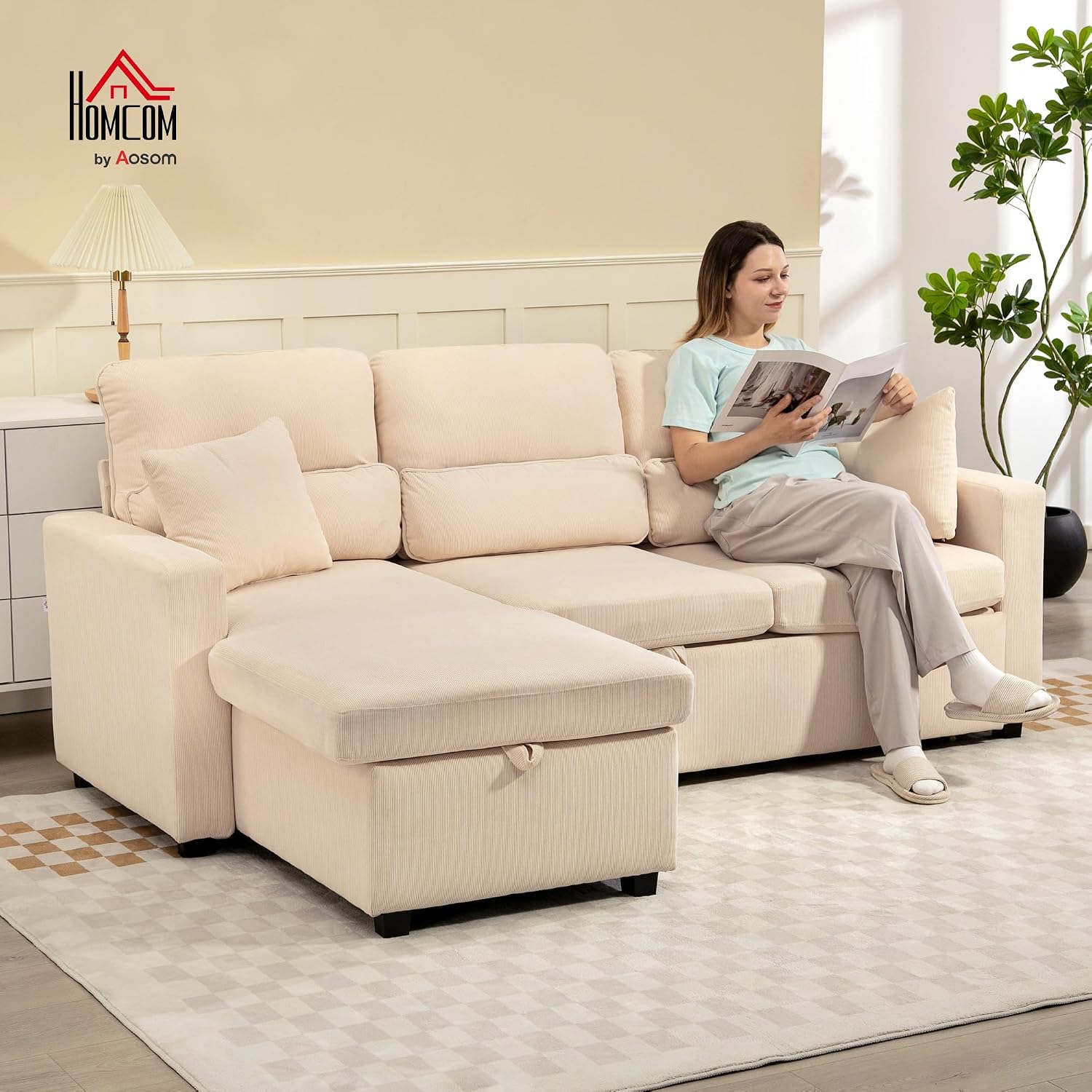 HOMCOM Ecksofa mit Schlaffunktion L-Form Sofa Schlafsofa mit Bettkasten, Kissen, 3-Sitzer Wandelbare Eckcouch mit Cordoptik Schlafcouch für Wohnzimmer, Gästezimmer, Beige — Ansicht 2