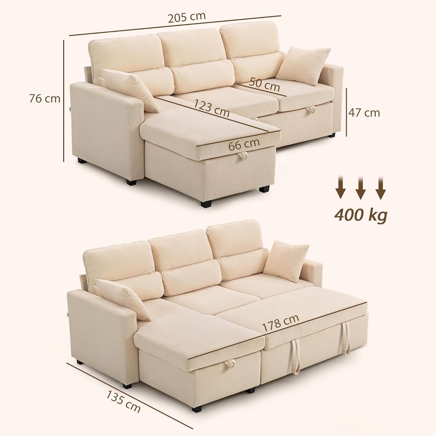 HOMCOM Ecksofa mit Schlaffunktion L-Form Sofa Schlafsofa mit Bettkasten, Kissen, 3-Sitzer Wandelbare Eckcouch mit Cordoptik Schlafcouch für Wohnzimmer, Gästezimmer, Beige — Ansicht 3