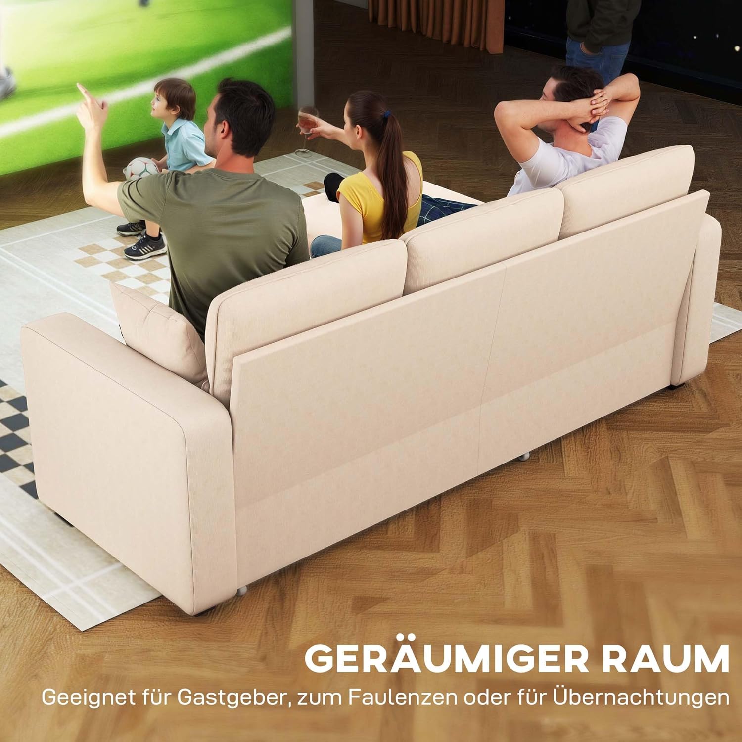 HOMCOM Ecksofa mit Schlaffunktion L-Form Sofa Schlafsofa mit Bettkasten, Kissen, 3-Sitzer Wandelbare Eckcouch mit Cordoptik Schlafcouch für Wohnzimmer, Gästezimmer, Beige — Ansicht 4