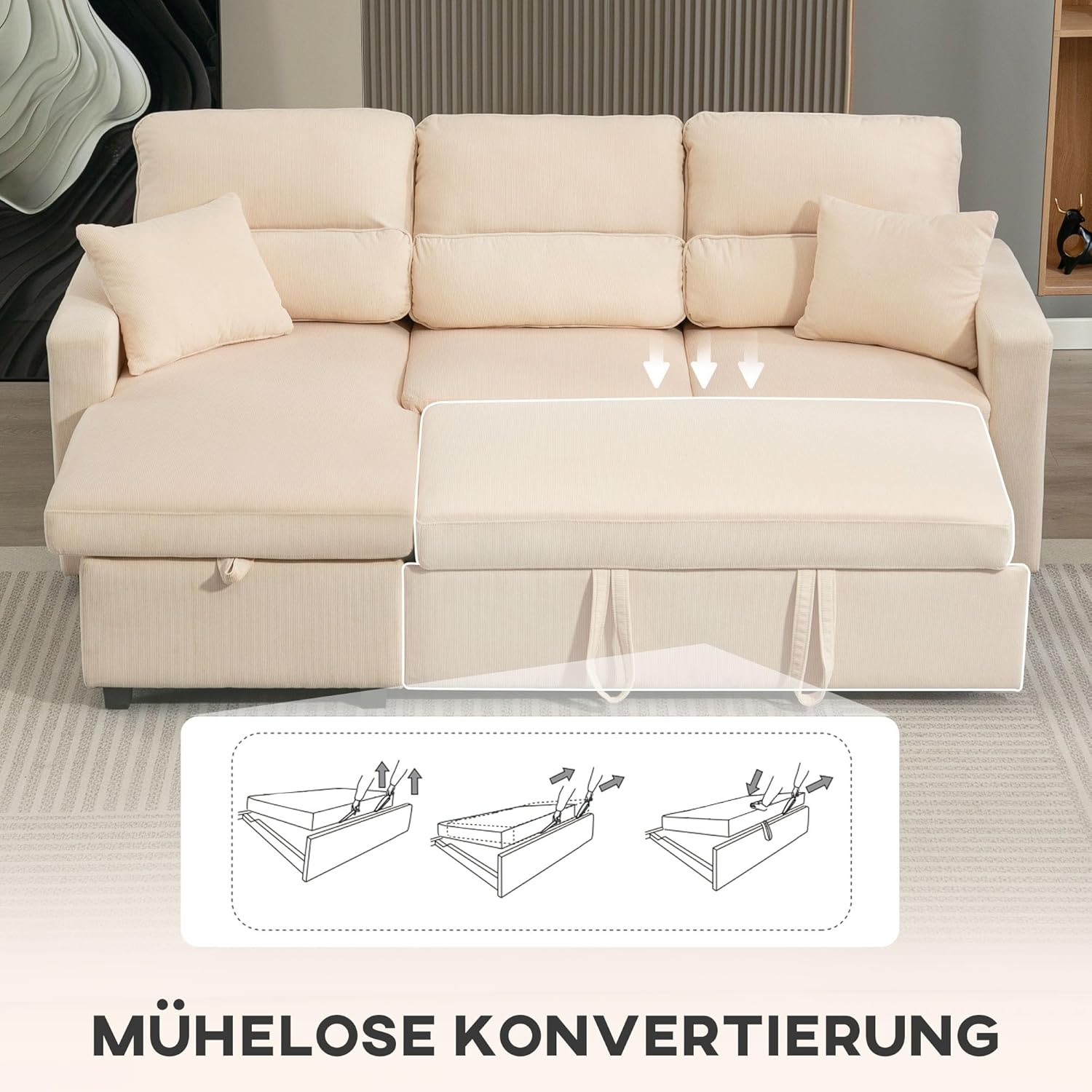 HOMCOM Ecksofa mit Schlaffunktion L-Form Sofa Schlafsofa mit Bettkasten, Kissen, 3-Sitzer Wandelbare Eckcouch mit Cordoptik Schlafcouch für Wohnzimmer, Gästezimmer, Beige — Ansicht 5