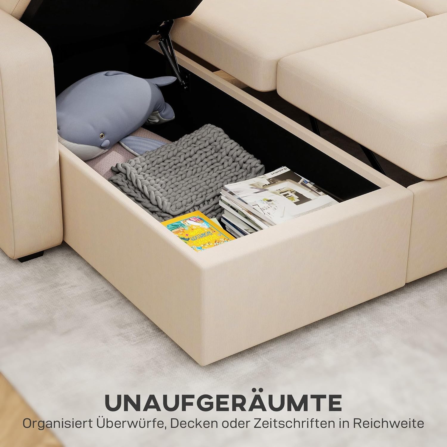 HOMCOM Ecksofa mit Schlaffunktion L-Form Sofa Schlafsofa mit Bettkasten, Kissen, 3-Sitzer Wandelbare Eckcouch mit Cordoptik Schlafcouch für Wohnzimmer, Gästezimmer, Beige — Ansicht 6