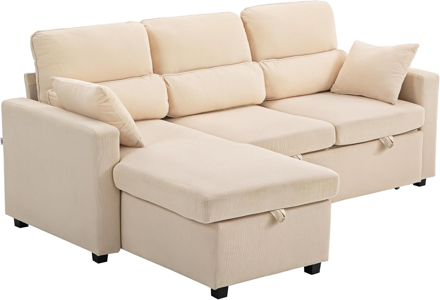 HOMCOM Ecksofa mit Schlaffunktion L-Form Sofa Schlafsofa mit Bettkasten, Kissen, 3-Sitzer Wandelbare Eckcouch mit Cordoptik Schlafcouch für Wohnzimmer, Gästezimmer, Beige
