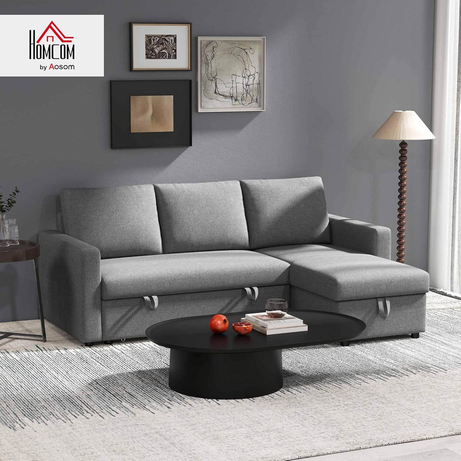 HOMCOM Ecksofa mit Schlaffunktion Stauraum Eckcouch mit Bettkasten Chaiselongue Schlafsofa Stoffsofa L-Form Leinen-Touch Hellgrau 211,5 x 146 x 85 cm — Ansicht 2
