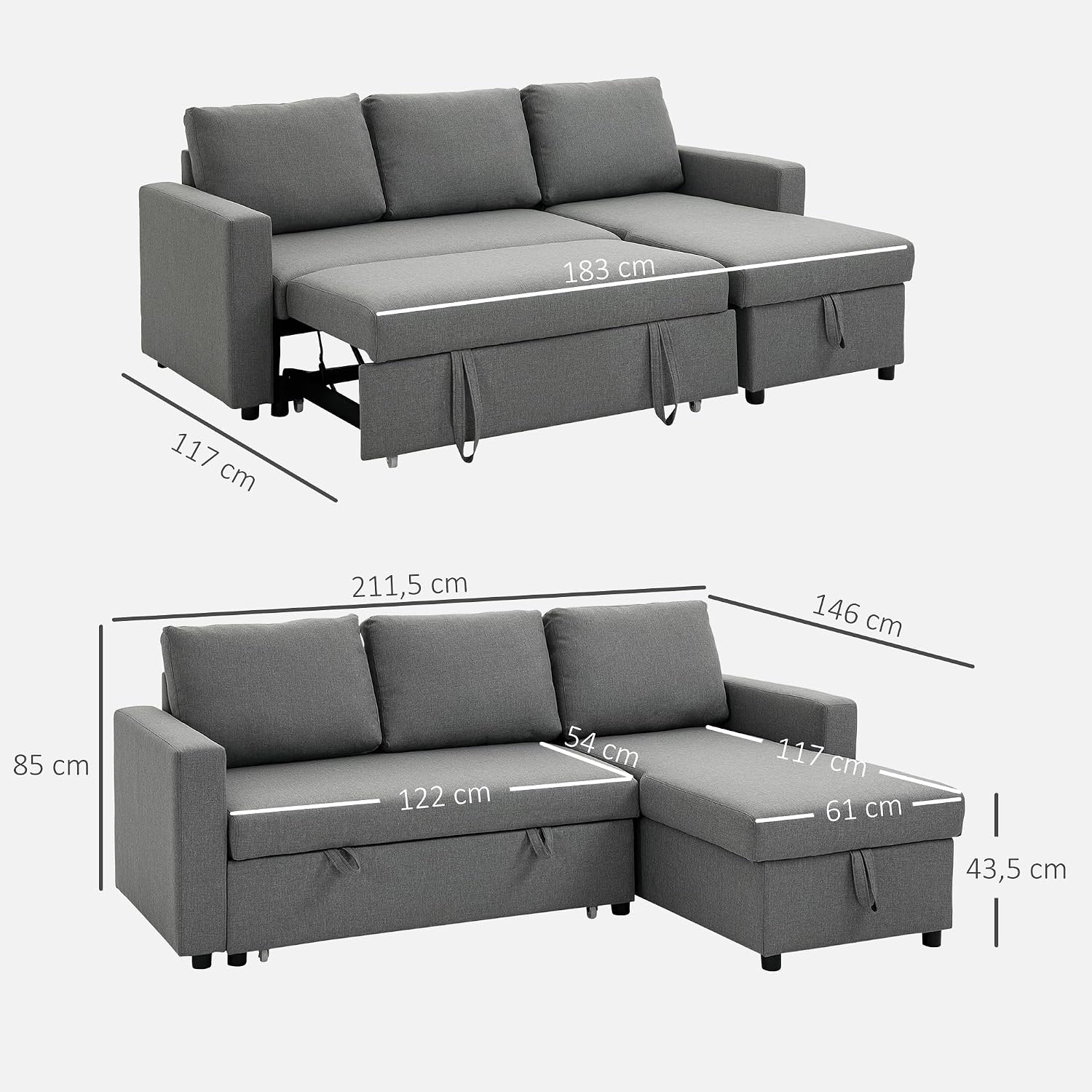 HOMCOM Ecksofa mit Schlaffunktion Stauraum Eckcouch mit Bettkasten Chaiselongue Schlafsofa Stoffsofa L-Form Leinen-Touch Hellgrau 211,5 x 146 x 85 cm — Ansicht 3