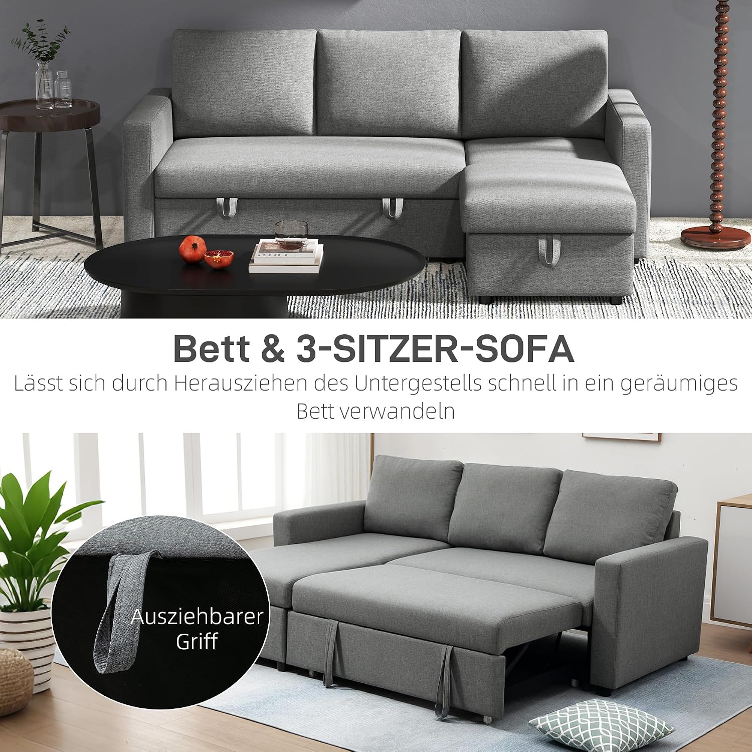 HOMCOM Ecksofa mit Schlaffunktion Stauraum Eckcouch mit Bettkasten Chaiselongue Schlafsofa Stoffsofa L-Form Leinen-Touch Hellgrau 211,5 x 146 x 85 cm — Ansicht 4