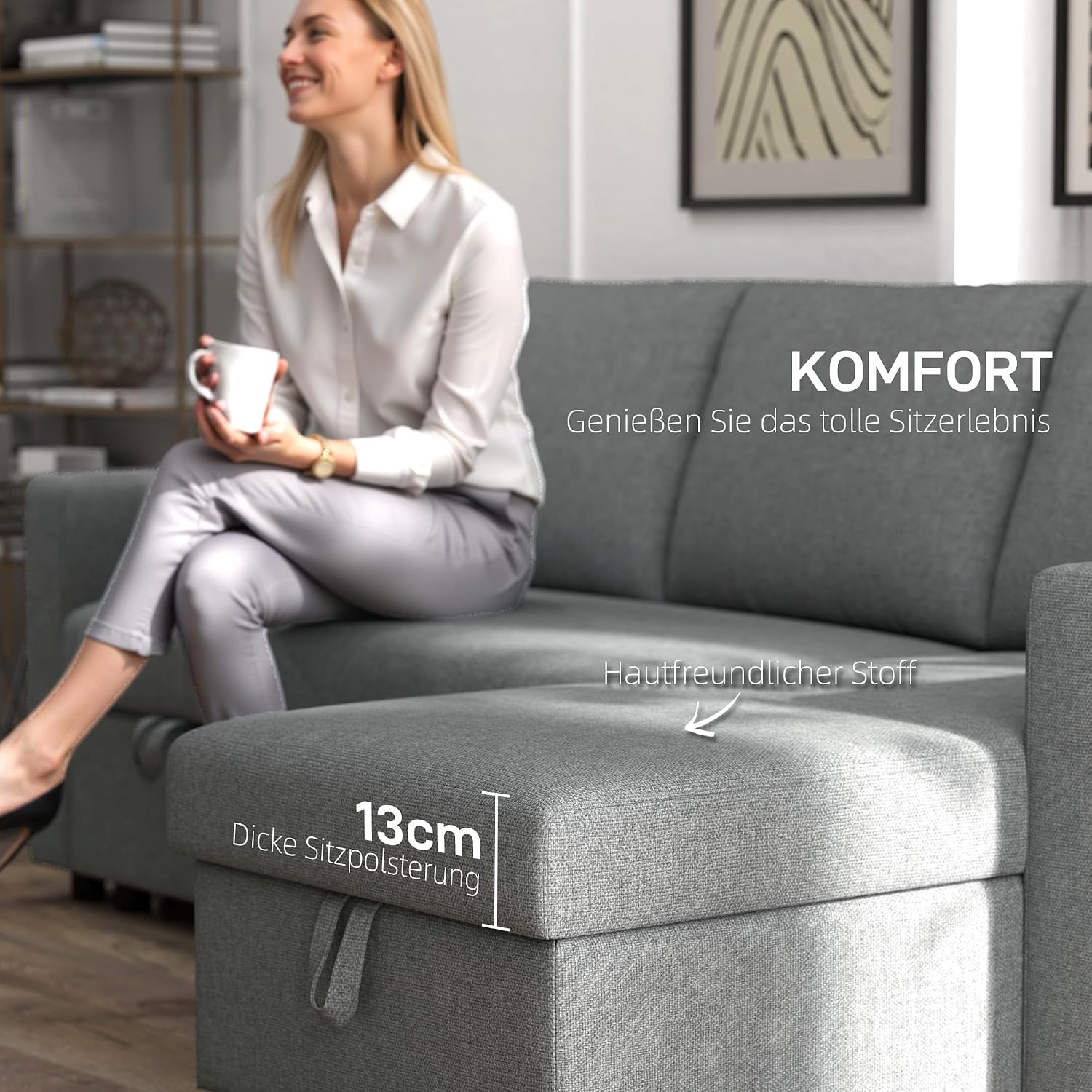 HOMCOM Ecksofa mit Schlaffunktion Stauraum Eckcouch mit Bettkasten Chaiselongue Schlafsofa Stoffsofa L-Form Leinen-Touch Hellgrau 211,5 x 146 x 85 cm — Ansicht 5