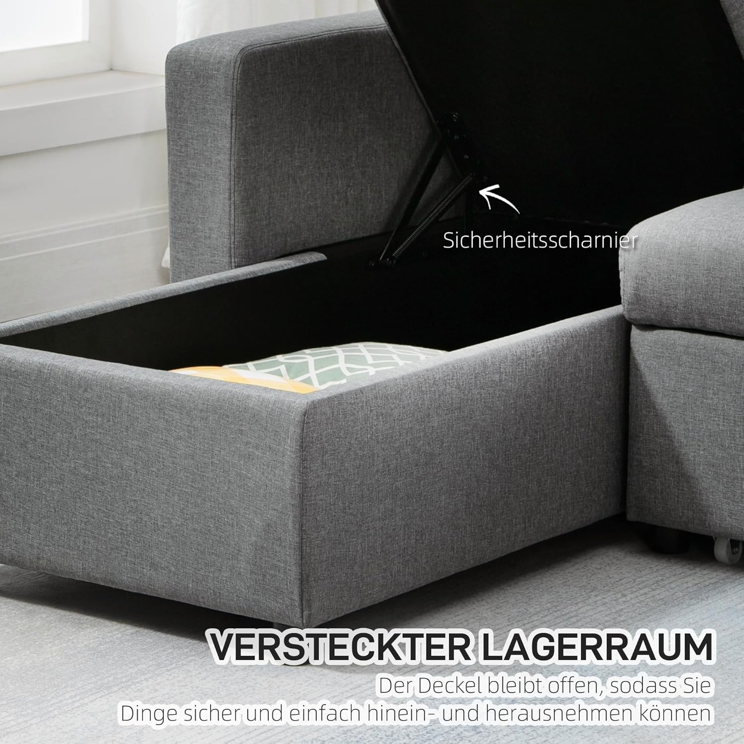 HOMCOM Ecksofa mit Schlaffunktion Stauraum Eckcouch mit Bettkasten Chaiselongue Schlafsofa Stoffsofa L-Form Leinen-Touch Hellgrau 211,5 x 146 x 85 cm — Ansicht 6