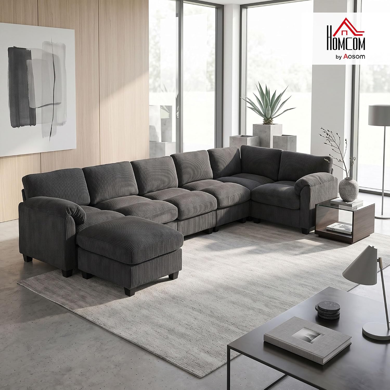 HOMCOM Ecksofa, U-Form 292x224 cm Sofa Couch, Eckcouch mit Federpolsterung, dick gepolsterte Armlehnen, beweglicher Ottomane, Schlafsofa Wohnlandschaft aus Cord für Wohnzimmer, Dunkelgrau — Ansicht 2