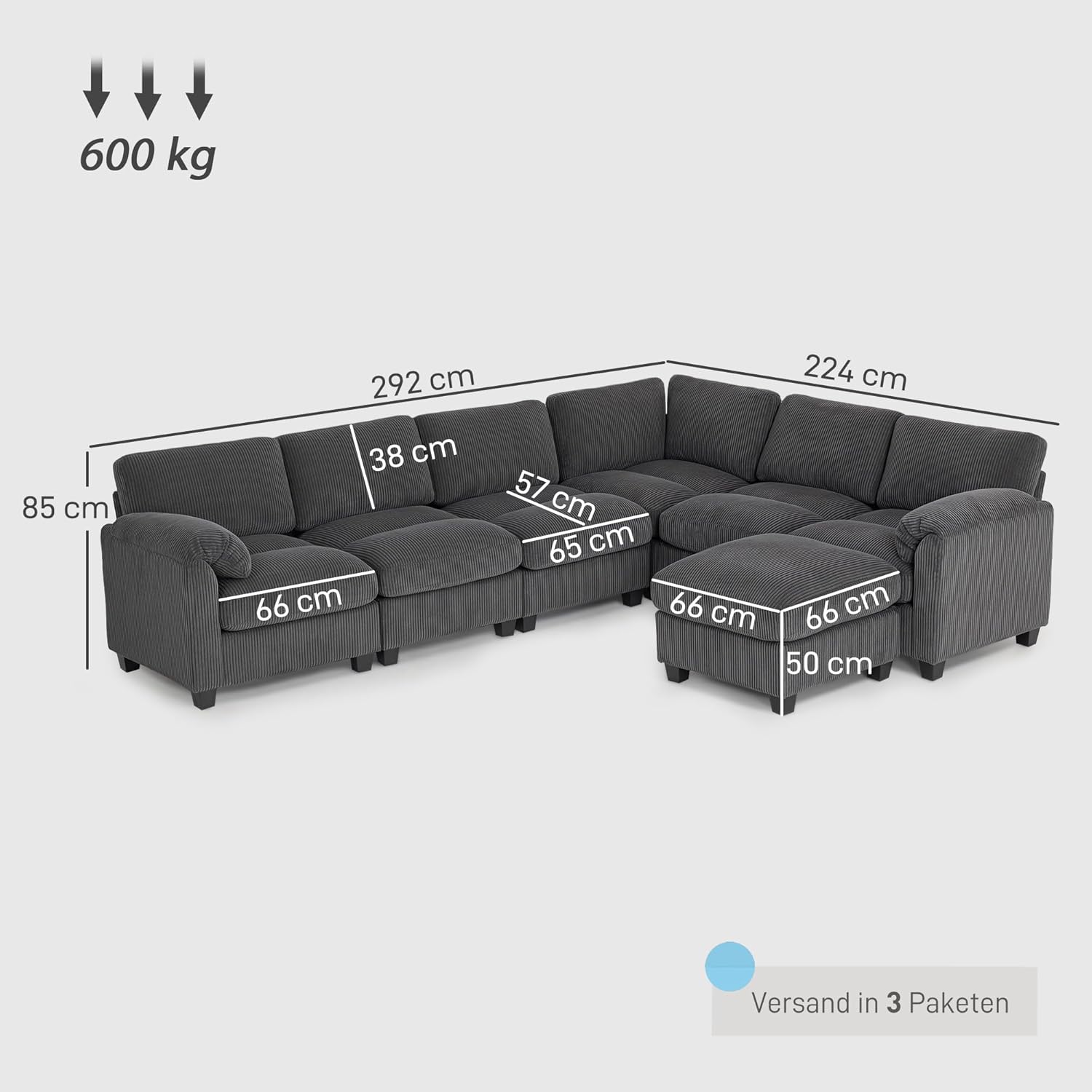 HOMCOM Ecksofa, U-Form 292x224 cm Sofa Couch, Eckcouch mit Federpolsterung, dick gepolsterte Armlehnen, beweglicher Ottomane, Schlafsofa Wohnlandschaft aus Cord für Wohnzimmer, Dunkelgrau — Ansicht 3