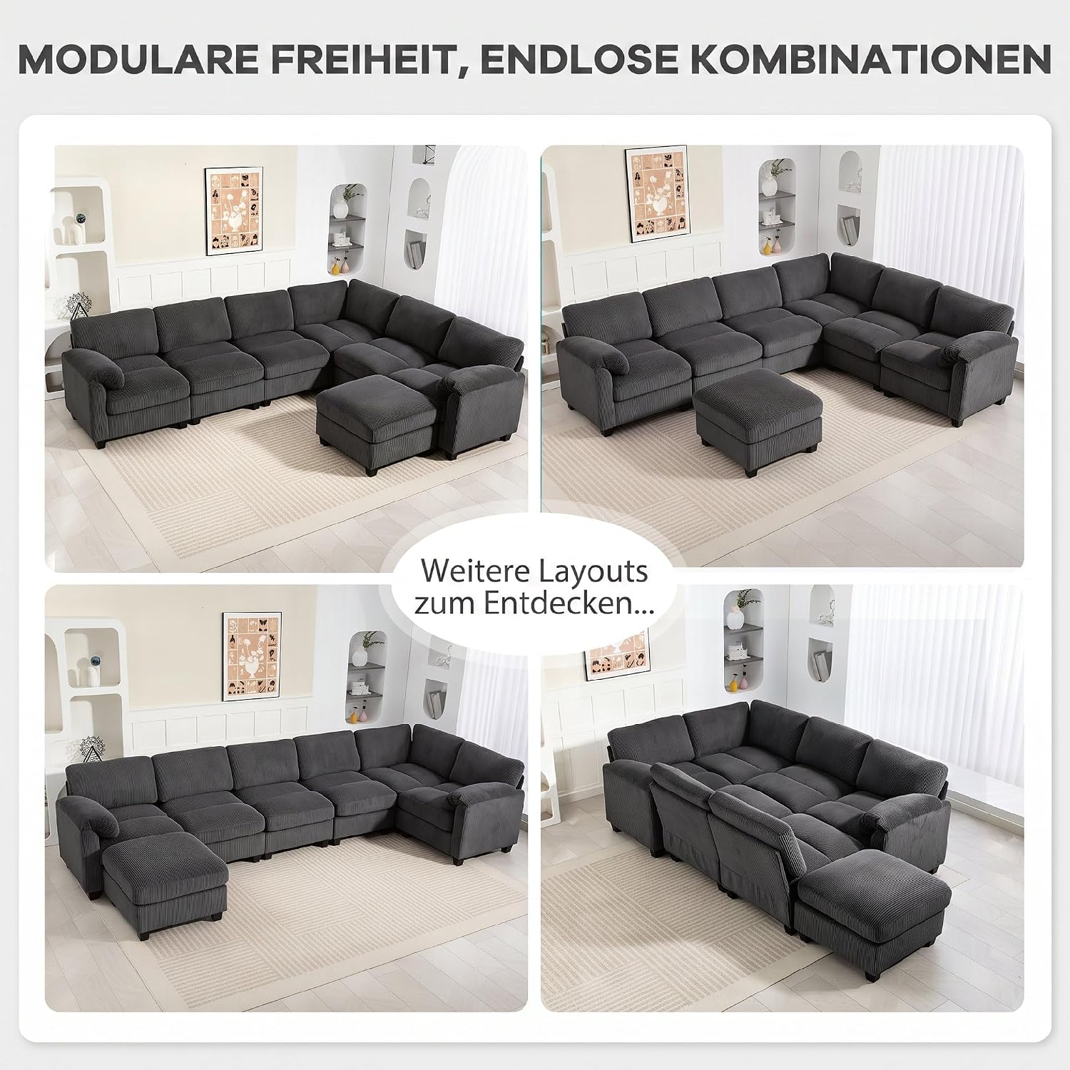 HOMCOM Ecksofa, U-Form 292x224 cm Sofa Couch, Eckcouch mit Federpolsterung, dick gepolsterte Armlehnen, beweglicher Ottomane, Schlafsofa Wohnlandschaft aus Cord für Wohnzimmer, Dunkelgrau — Ansicht 4