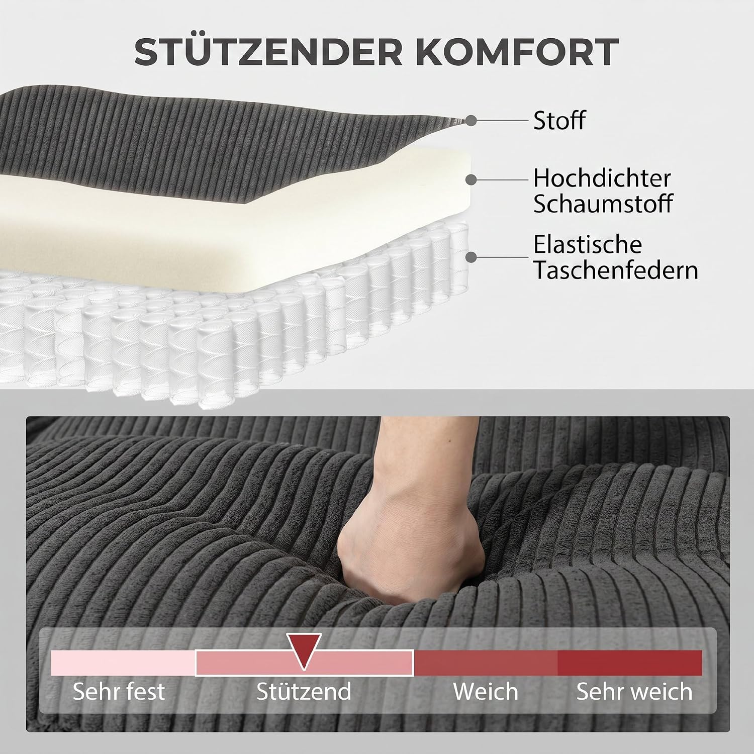 HOMCOM Ecksofa, U-Form 292x224 cm Sofa Couch, Eckcouch mit Federpolsterung, dick gepolsterte Armlehnen, beweglicher Ottomane, Schlafsofa Wohnlandschaft aus Cord für Wohnzimmer, Dunkelgrau — Ansicht 5