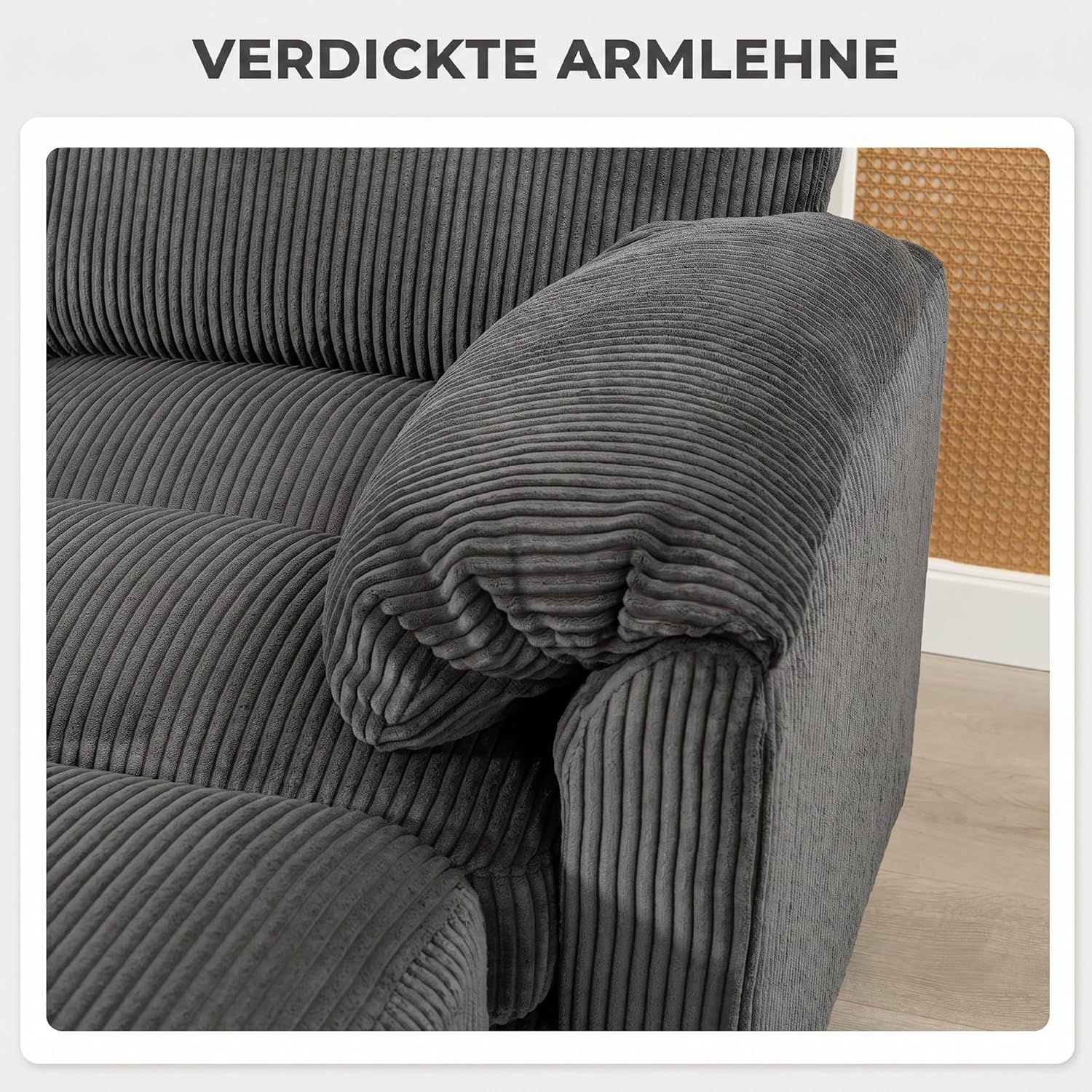 HOMCOM Ecksofa, U-Form 292x224 cm Sofa Couch, Eckcouch mit Federpolsterung, dick gepolsterte Armlehnen, beweglicher Ottomane, Schlafsofa Wohnlandschaft aus Cord für Wohnzimmer, Dunkelgrau — Ansicht 6