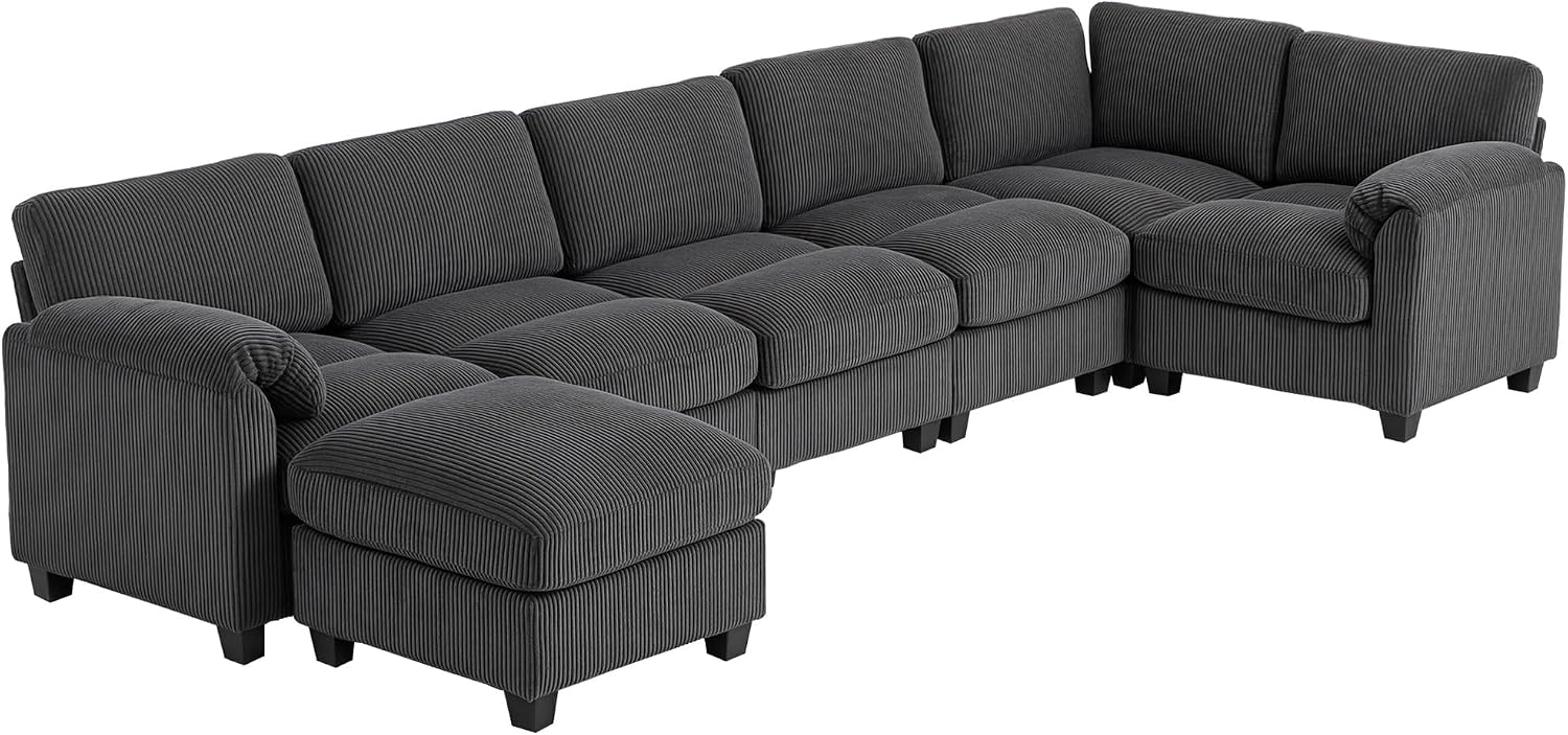 HOMCOM Ecksofa, U-Form 292x224 cm Sofa Couch, Eckcouch mit Federpolsterung, dick gepolsterte Armlehnen, beweglicher Ottomane, Schlafsofa Wohnlandschaft aus Cord für Wohnzimmer, Dunkelgrau
