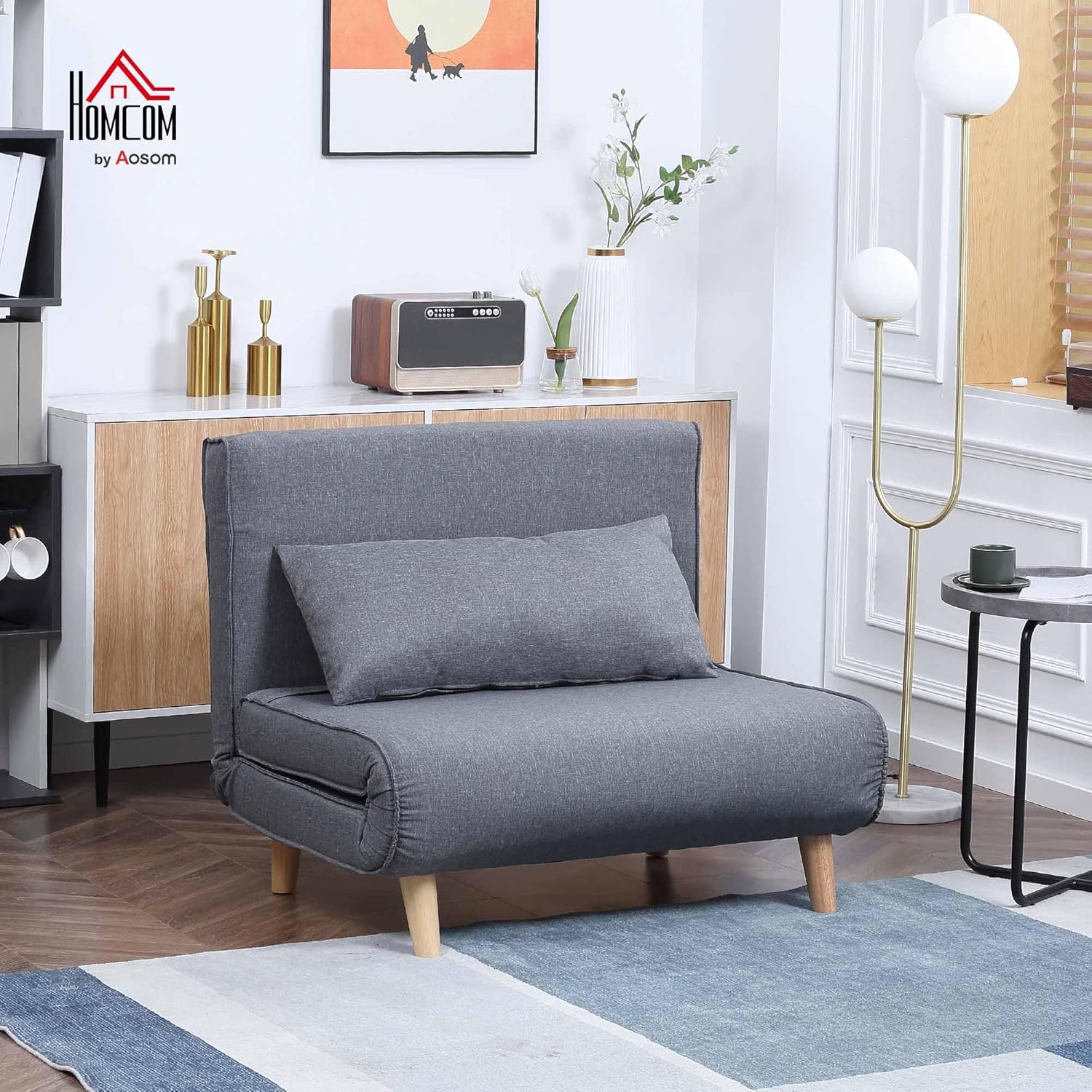 HOMCOM Einzelsofa Schlafsofa Sofabett Klappsofa verstellbar Rückenlehne Liege nordisch skandinavisch 25D Schaumstoff Haus Leinenimitat Kautschukholz Grau 94 x 78 x 80 cm — Ansicht 2