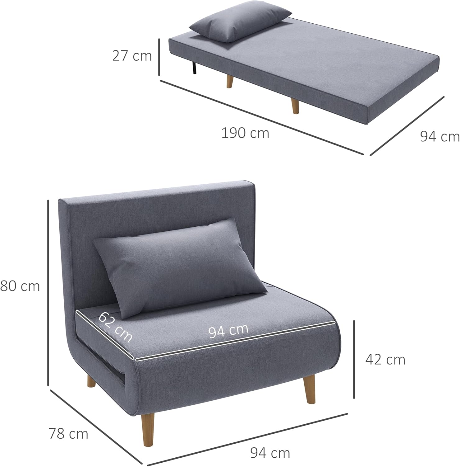 HOMCOM Einzelsofa Schlafsofa Sofabett Klappsofa verstellbar Rückenlehne Liege nordisch skandinavisch 25D Schaumstoff Haus Leinenimitat Kautschukholz Grau 94 x 78 x 80 cm — Ansicht 3