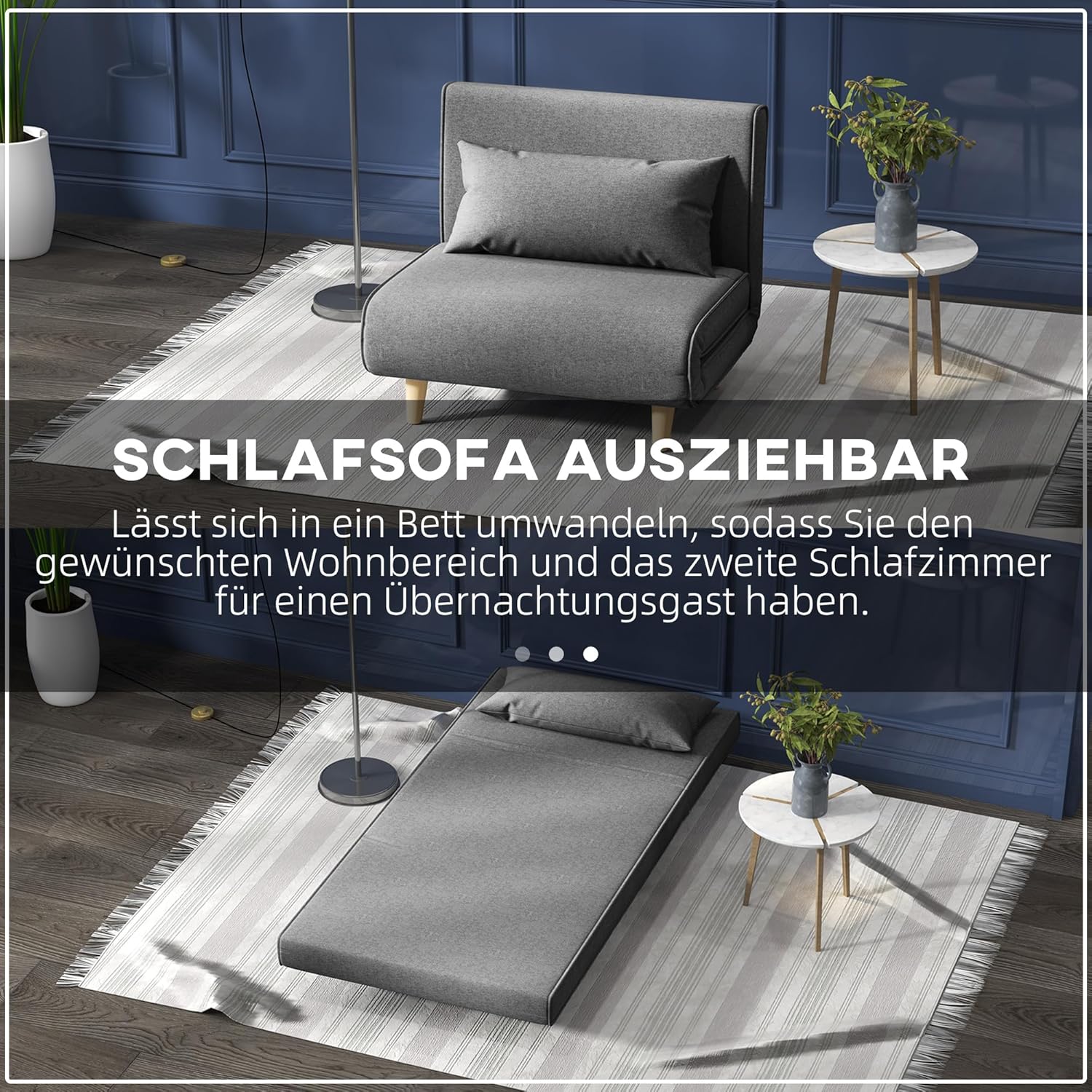 HOMCOM Einzelsofa Schlafsofa Sofabett Klappsofa verstellbar Rückenlehne Liege nordisch skandinavisch 25D Schaumstoff Haus Leinenimitat Kautschukholz Grau 94 x 78 x 80 cm — Ansicht 4