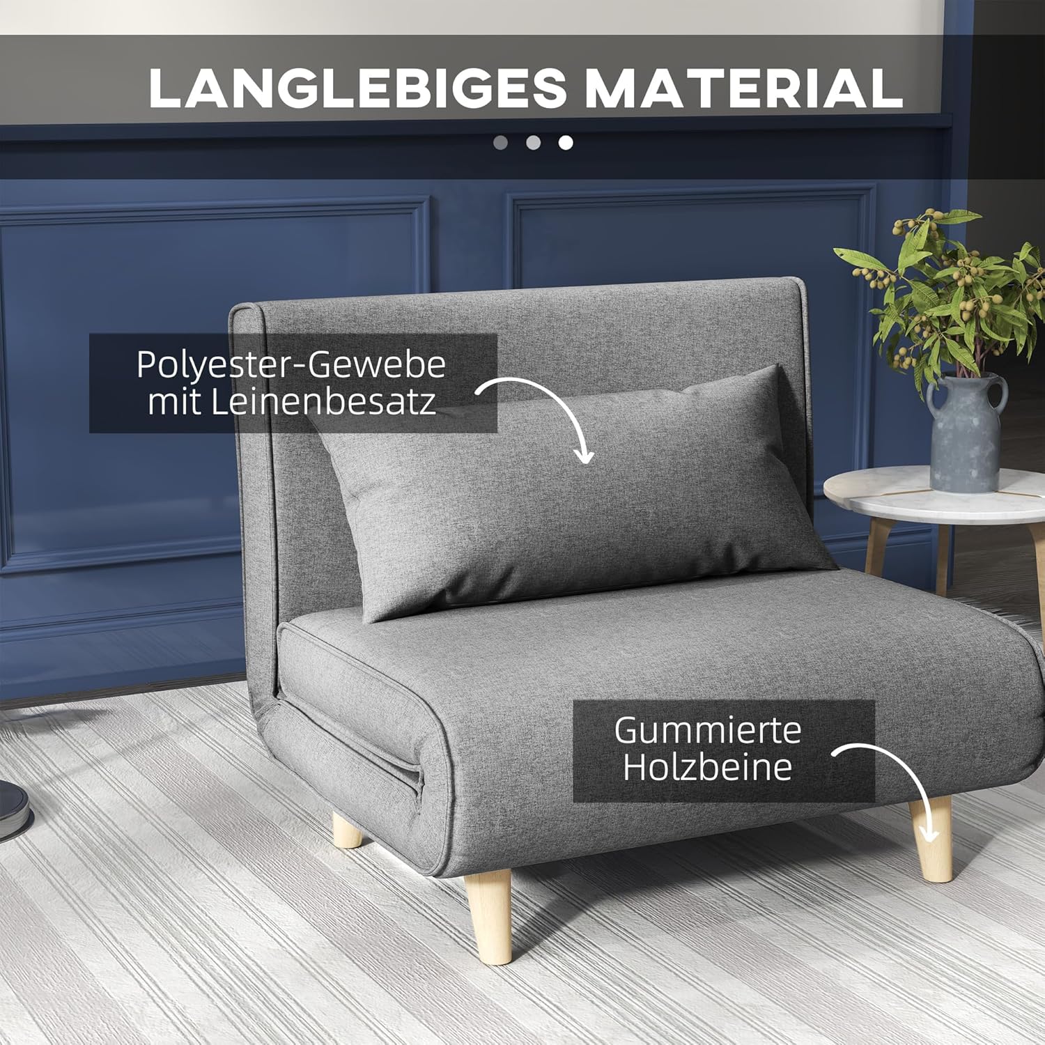 HOMCOM Einzelsofa Schlafsofa Sofabett Klappsofa verstellbar Rückenlehne Liege nordisch skandinavisch 25D Schaumstoff Haus Leinenimitat Kautschukholz Grau 94 x 78 x 80 cm — Ansicht 5