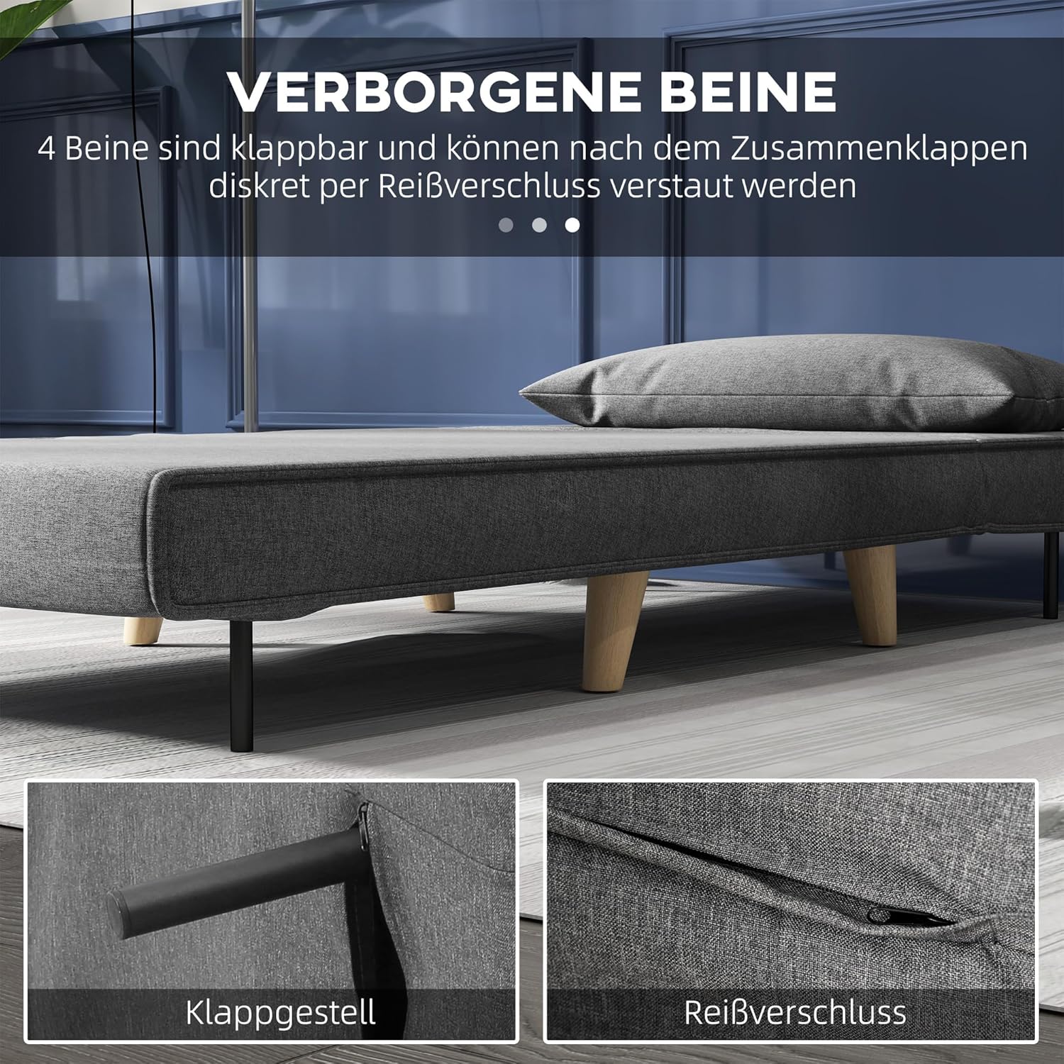HOMCOM Einzelsofa Schlafsofa Sofabett Klappsofa verstellbar Rückenlehne Liege nordisch skandinavisch 25D Schaumstoff Haus Leinenimitat Kautschukholz Grau 94 x 78 x 80 cm — Ansicht 6