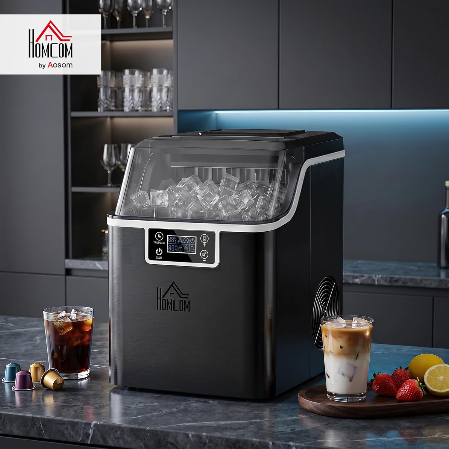 HOMCOM Eiswürfelmaschine, Ice Maker Edelstahl 24 Eiswürfel in 14-18 Min., 20kg/24h, 3,2L Wassertank, Selbstreinigend Eiswürfelbereiter mit 2 Arten der Wasserbefüllung, für Küche, Büro, Party, Schwarz — Ansicht 2