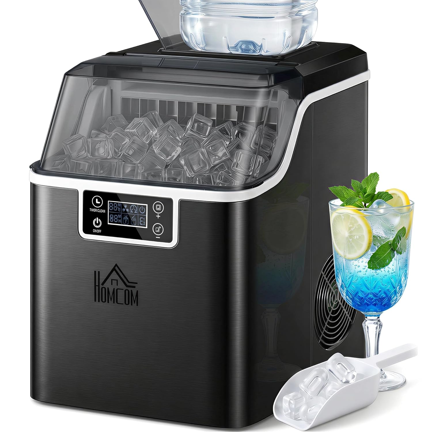 HOMCOM Eiswürfelmaschine, Ice Maker Edelstahl 24 Eiswürfel in 14-18 Min., 20kg/24h, 3,2L Wassertank, Selbstreinigend Eiswürfelbereiter mit 2 Arten der Wasserbefüllung, für Küche, Büro, Party, Schwarz