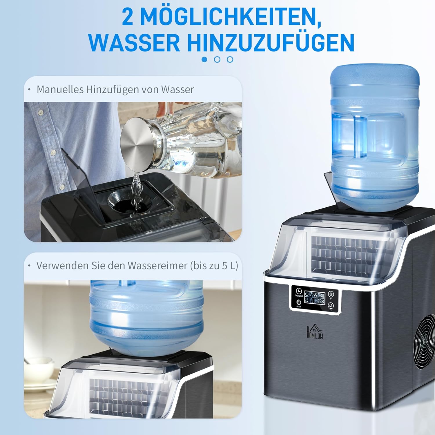 HOMCOM Eiswürfelmaschine, Ice Maker Edelstahl 24 Eiswürfel in 14-18 Min., 20kg/24h, 3,2L Wassertank, Selbstreinigend Eiswürfelbereiter mit 2 Arten der Wasserbefüllung, für Küche, Büro, Party, Schwarz — Ansicht 4