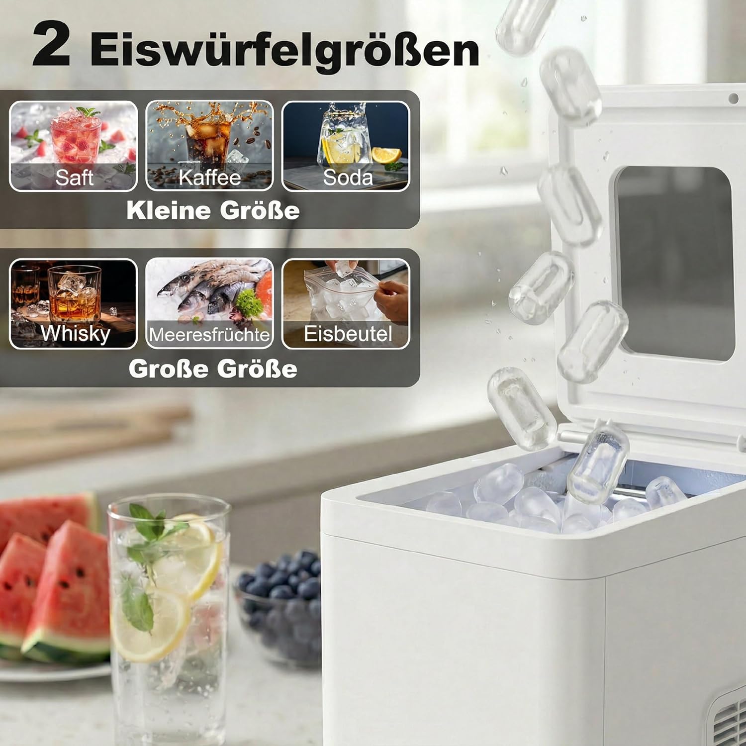 HOMCOM Eiswürfelmaschine Klein, 12 kg 24 Std., 9 Eiswürfel in 7-10 Minuten, 2 Größen von Bullet-Eiswürfeln, Ice Maker Selbstreinigend Eiswürfelbereiter mit Eisschaufel und Korb, für Küche, Büro, Party — Ansicht 4