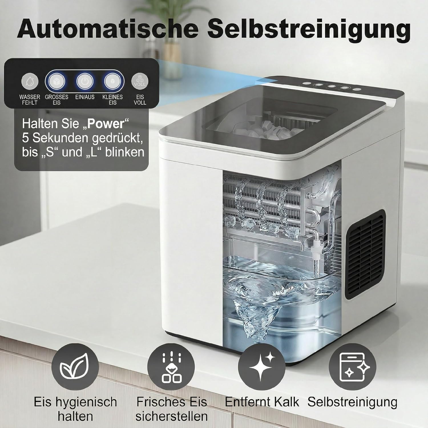 HOMCOM Eiswürfelmaschine Klein, 12 kg 24 Std., 9 Eiswürfel in 7-10 Minuten, 2 Größen von Bullet-Eiswürfeln, Ice Maker Selbstreinigend Eiswürfelbereiter mit Eisschaufel und Korb, für Küche, Büro, Party — Ansicht 5