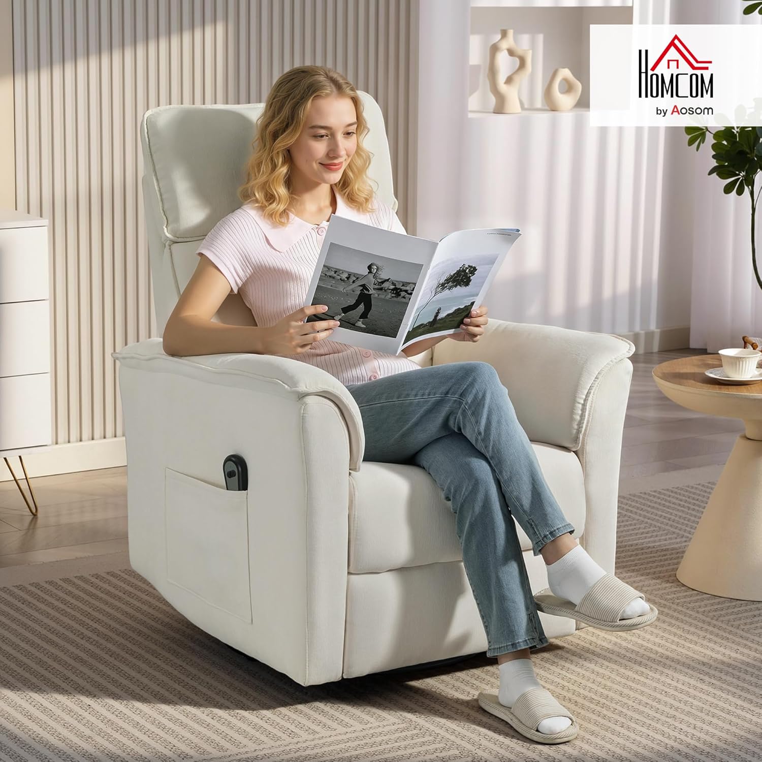 HOMCOM Elektrisch Relaxsessel Fernsehsessel mit Liegefunktion, Verstellbare Rückenlehne und Kopfstütze Drehbar TV Sessel mit Seitentasche Wippfunktion Chenille-Optik für Wohnzimmer Cremeweiß — Ansicht 2