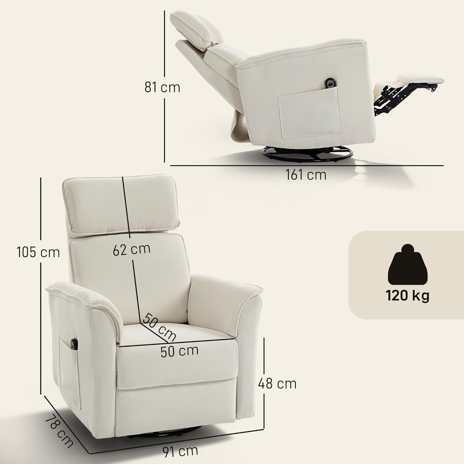 HOMCOM Elektrisch Relaxsessel Fernsehsessel mit Liegefunktion, Verstellbare Rückenlehne und Kopfstütze Drehbar TV Sessel mit Seitentasche Wippfunktion Chenille-Optik für Wohnzimmer Cremeweiß — Ansicht 3