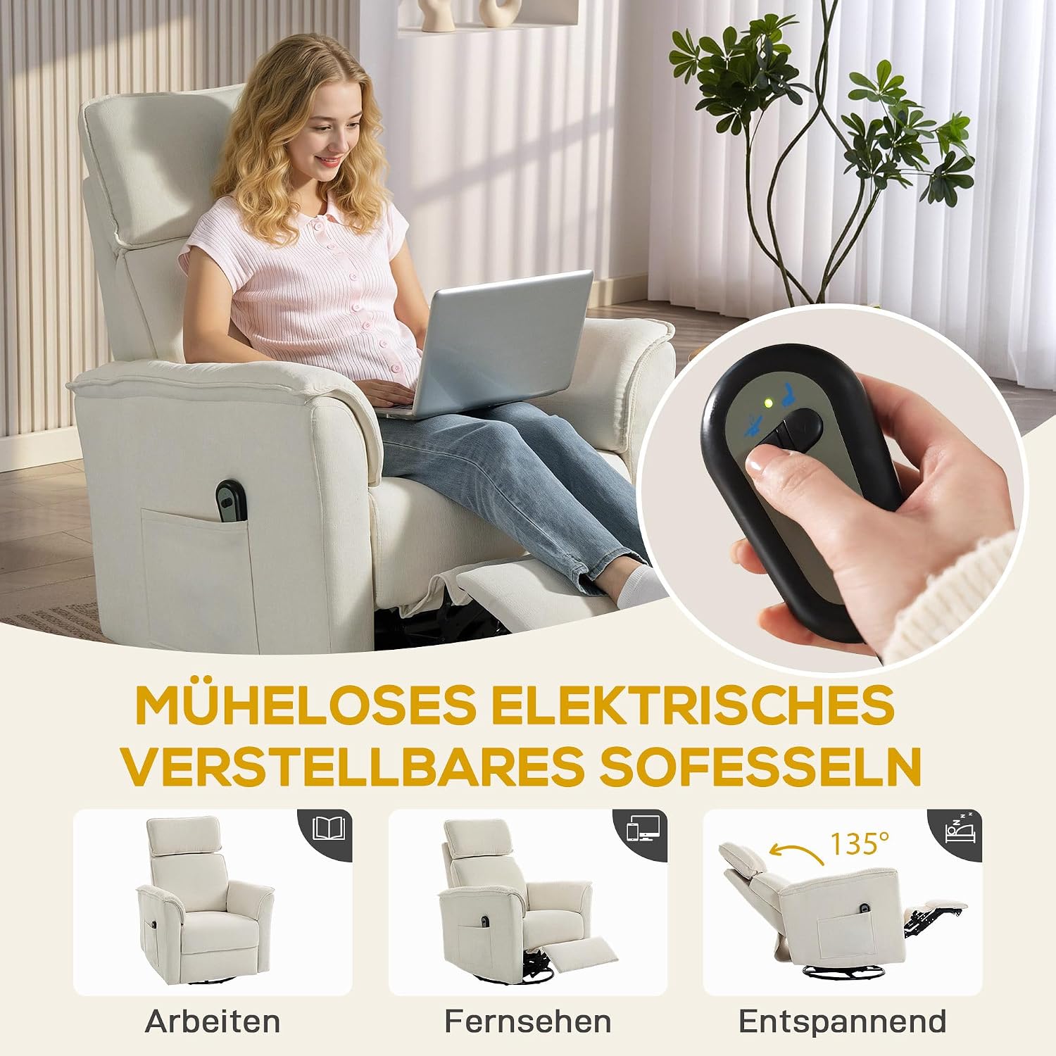 HOMCOM Elektrisch Relaxsessel Fernsehsessel mit Liegefunktion, Verstellbare Rückenlehne und Kopfstütze Drehbar TV Sessel mit Seitentasche Wippfunktion Chenille-Optik für Wohnzimmer Cremeweiß — Ansicht 4