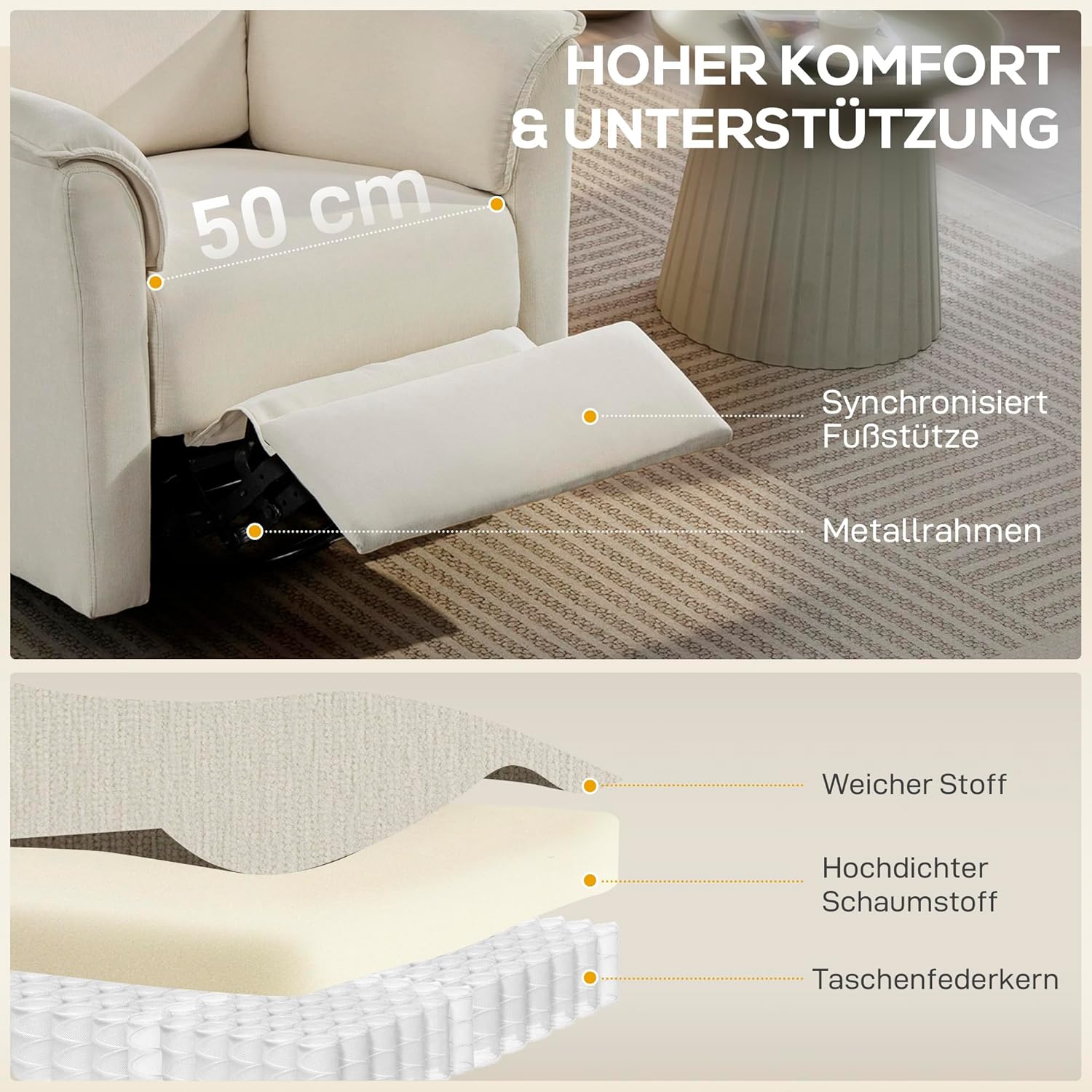 HOMCOM Elektrisch Relaxsessel Fernsehsessel mit Liegefunktion, Verstellbare Rückenlehne und Kopfstütze Drehbar TV Sessel mit Seitentasche Wippfunktion Chenille-Optik für Wohnzimmer Cremeweiß — Ansicht 5