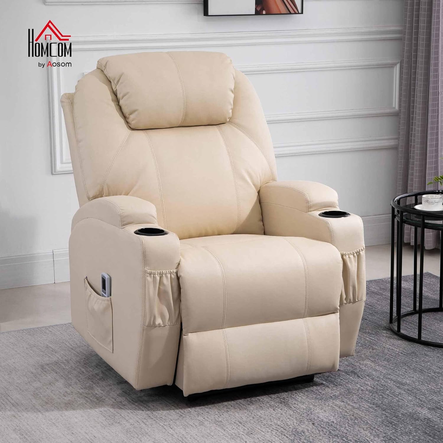 HOMCOM elektrischer Massagesessel Relaxsessel Fernsehsessel Massagefunktion Liegefunktion Kunstleder Holz Metall Schaumstoff Beige 82 x 97 x 110 cm — Ansicht 2