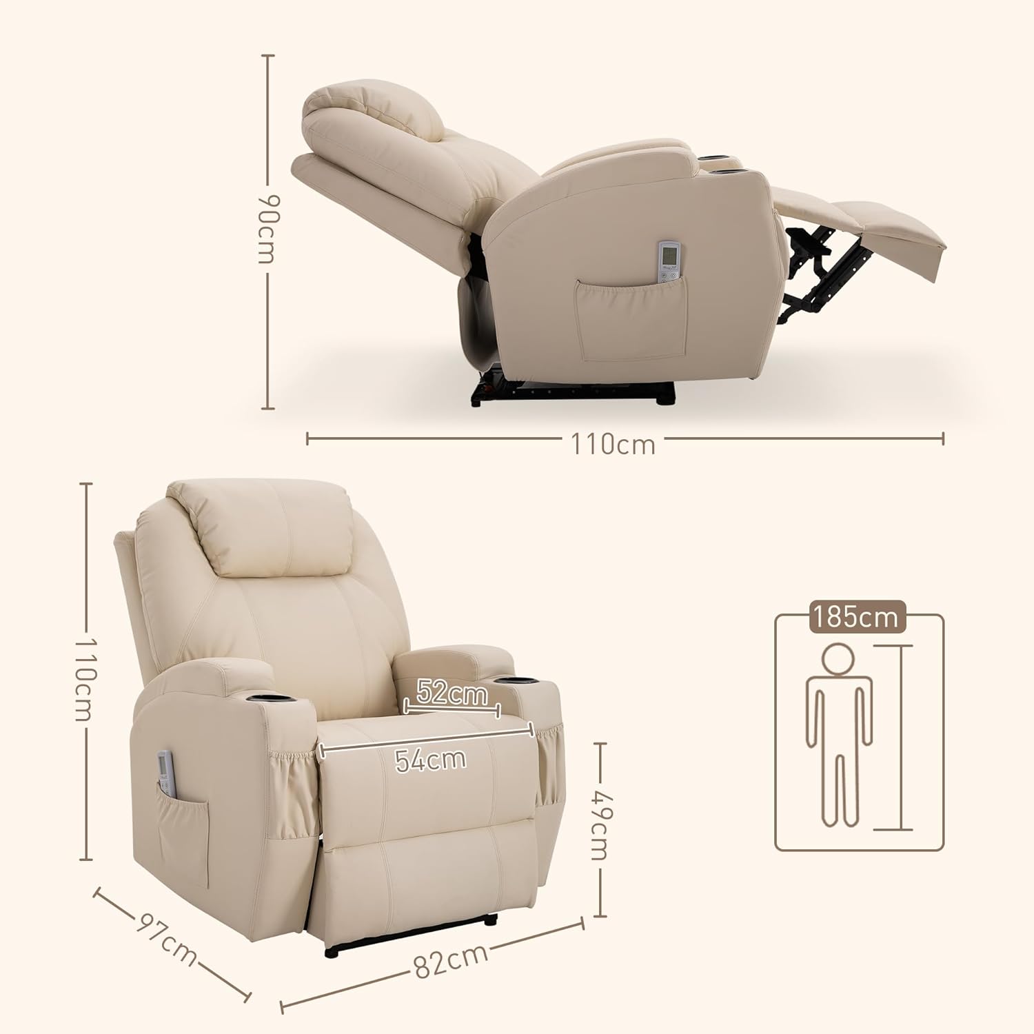 HOMCOM elektrischer Massagesessel Relaxsessel Fernsehsessel Massagefunktion Liegefunktion Kunstleder Holz Metall Schaumstoff Beige 82 x 97 x 110 cm — Ansicht 3