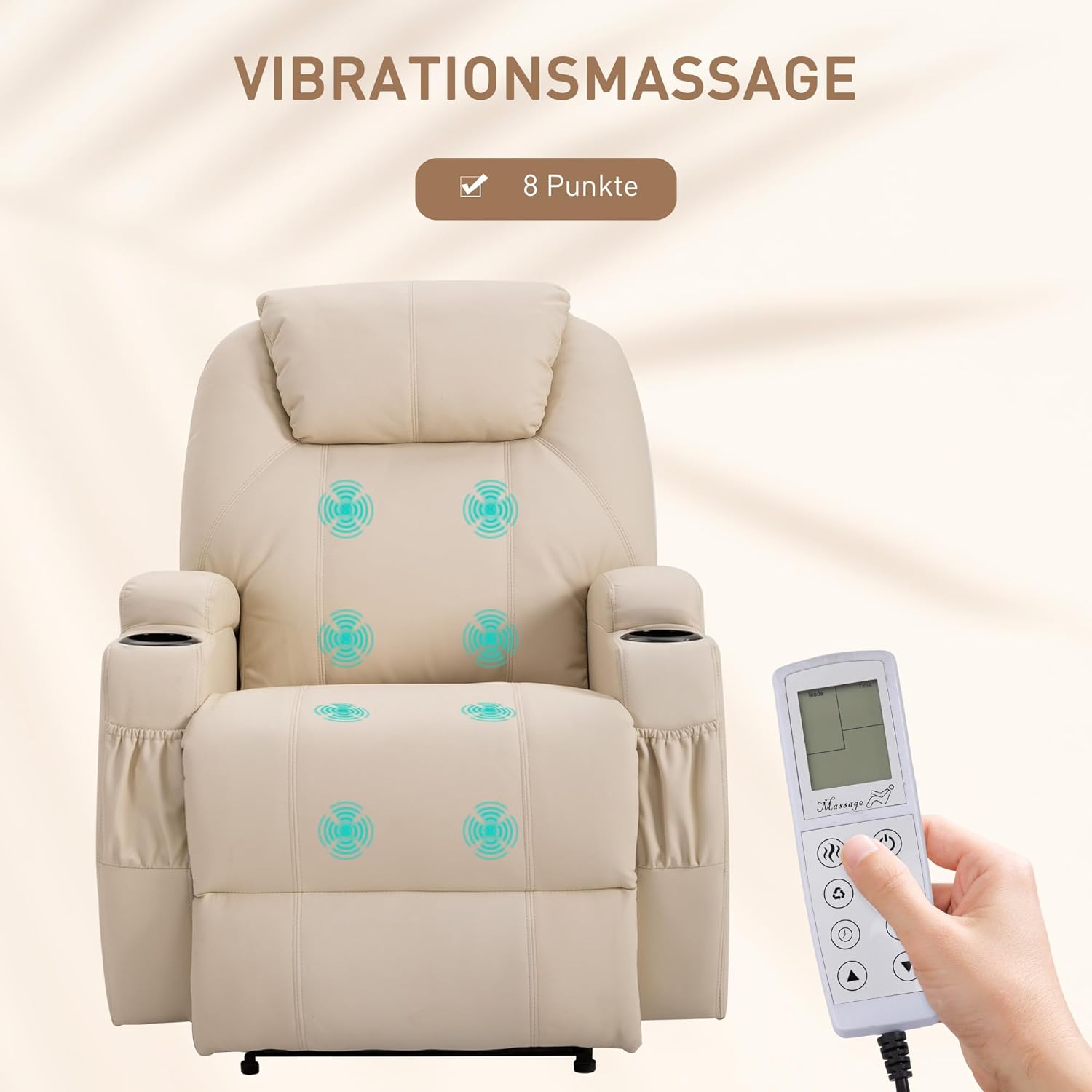 HOMCOM elektrischer Massagesessel Relaxsessel Fernsehsessel Massagefunktion Liegefunktion Kunstleder Holz Metall Schaumstoff Beige 82 x 97 x 110 cm — Ansicht 4